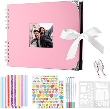 Photo Scrapbook with 80 Black Pages, 11.5 x 8.5 Inches Scrapbook Photo Album with Accessories, DIY Couples Memory Scrap Book for Anniversary Wedding Birthday (Pink)
