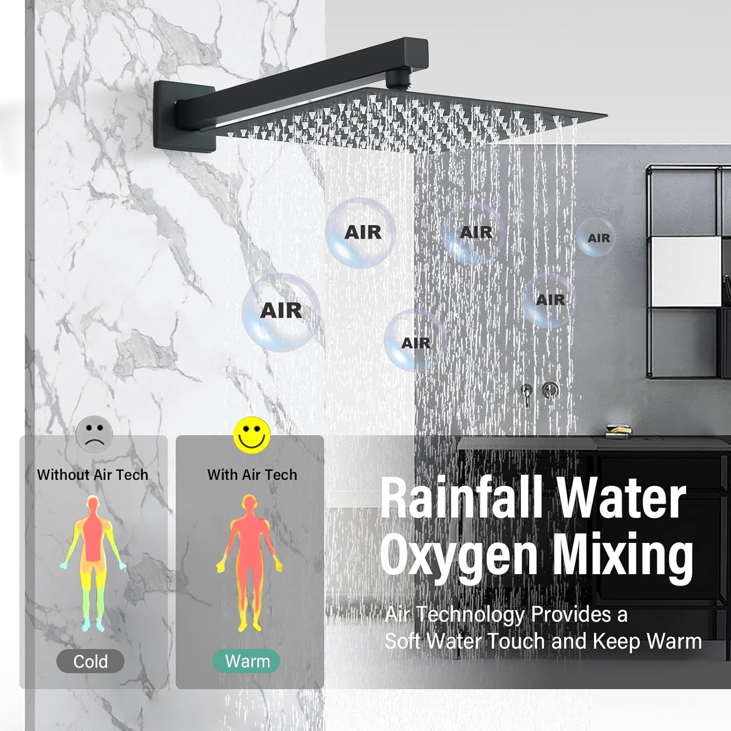 Suguword Shower Faucet Set Matte Black Rain Shower System with 12 Inch LED Square Rainfall Shower Head and and Handheld Spray Luxury Bathroom Shower Faucet Sets Complete Combo Set Wall Mounted