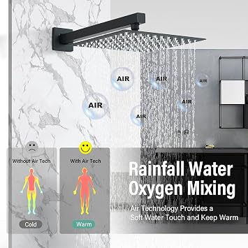 Shower Faucet Set Matte Black Rain Shower System with 12 Inch LED Square Rainfall Shower Head and and Handheld Spray Luxury Bathroom Shower Faucet Sets Complete Combo Set Wall Mounted