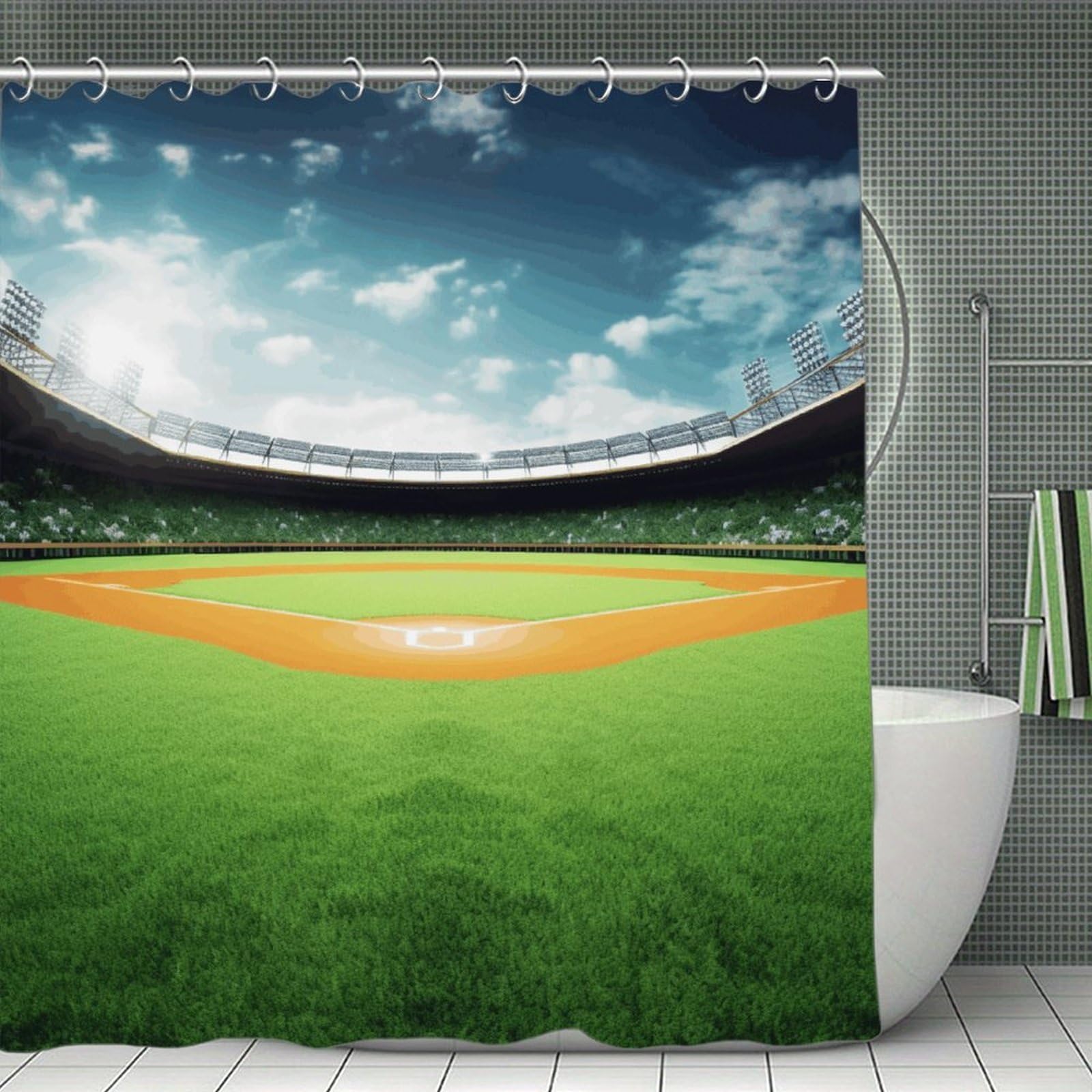 JTREHY Green Baseball Field Backdrop Shower Curtain Waterproof Bathroom Shower Curtain Machine Washable Bath Curtains Polyester Cloth Bath Curtains for Bathroom Showers 70.8×70.8Inch