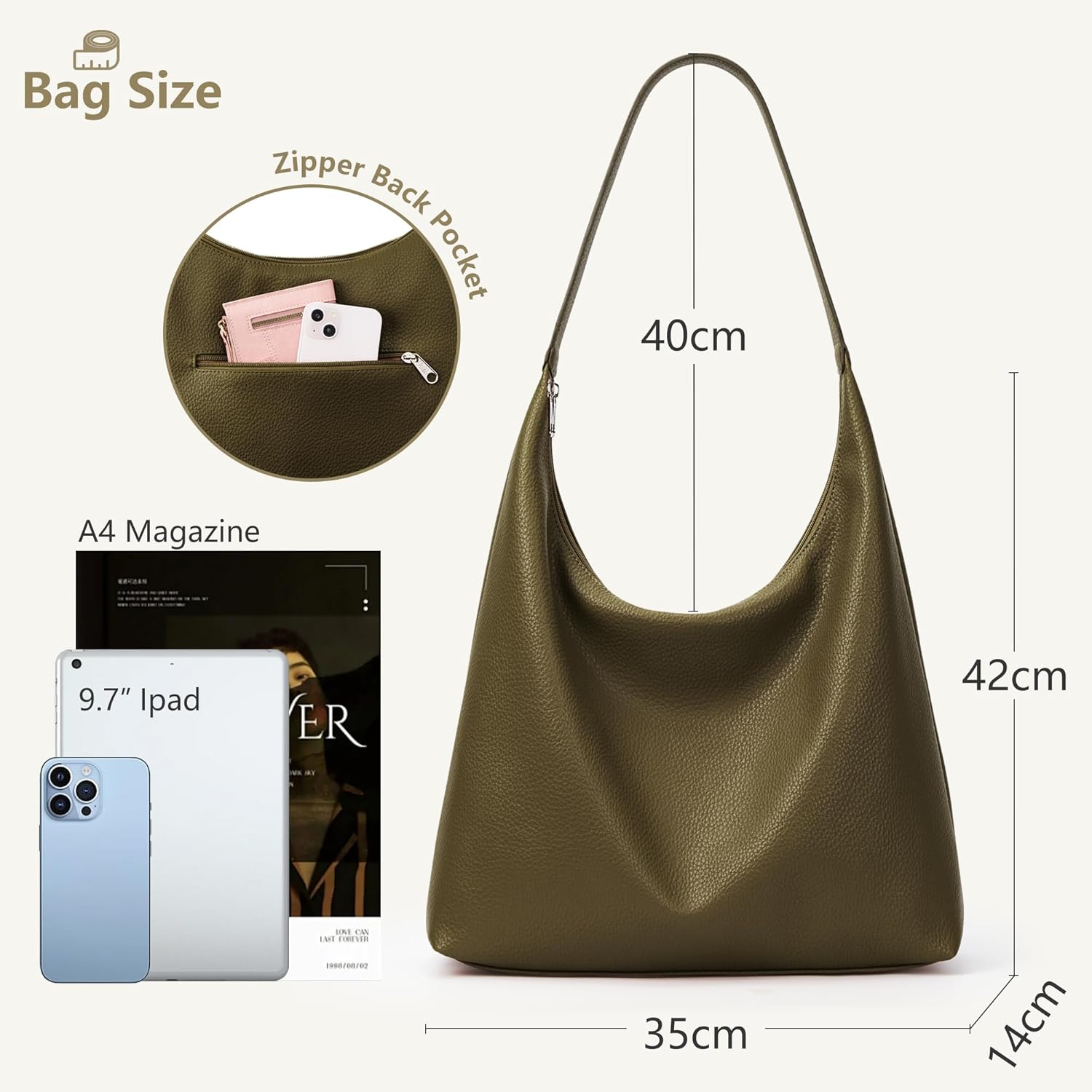KALIDI Casual Tote Bag Vegan Leather Hobo Zipper Work Bag Weekender Shoulder for Women Shoulder Travel Purse - Image 5