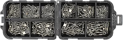 AOKIVIGOA 100pcs Barrel Fishing Swivel with Safety Snaps Connector Clips Tackle Box of Size 6 8 10 12 14 Style A