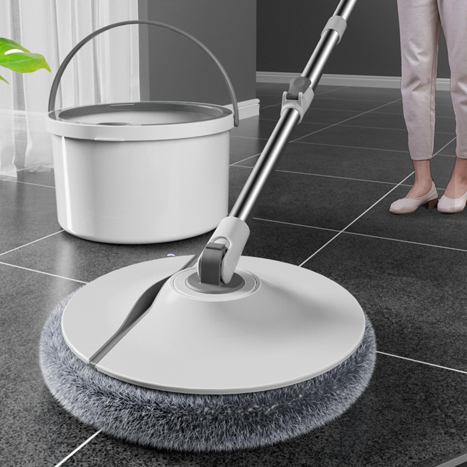 Juego de fregona y cubo con escurridor para el hogar, fregona de microfibra con escurridor, 6 almohadillas reemplazables, suministros de limpieza para el hogar con mango telescópico para lechada de
