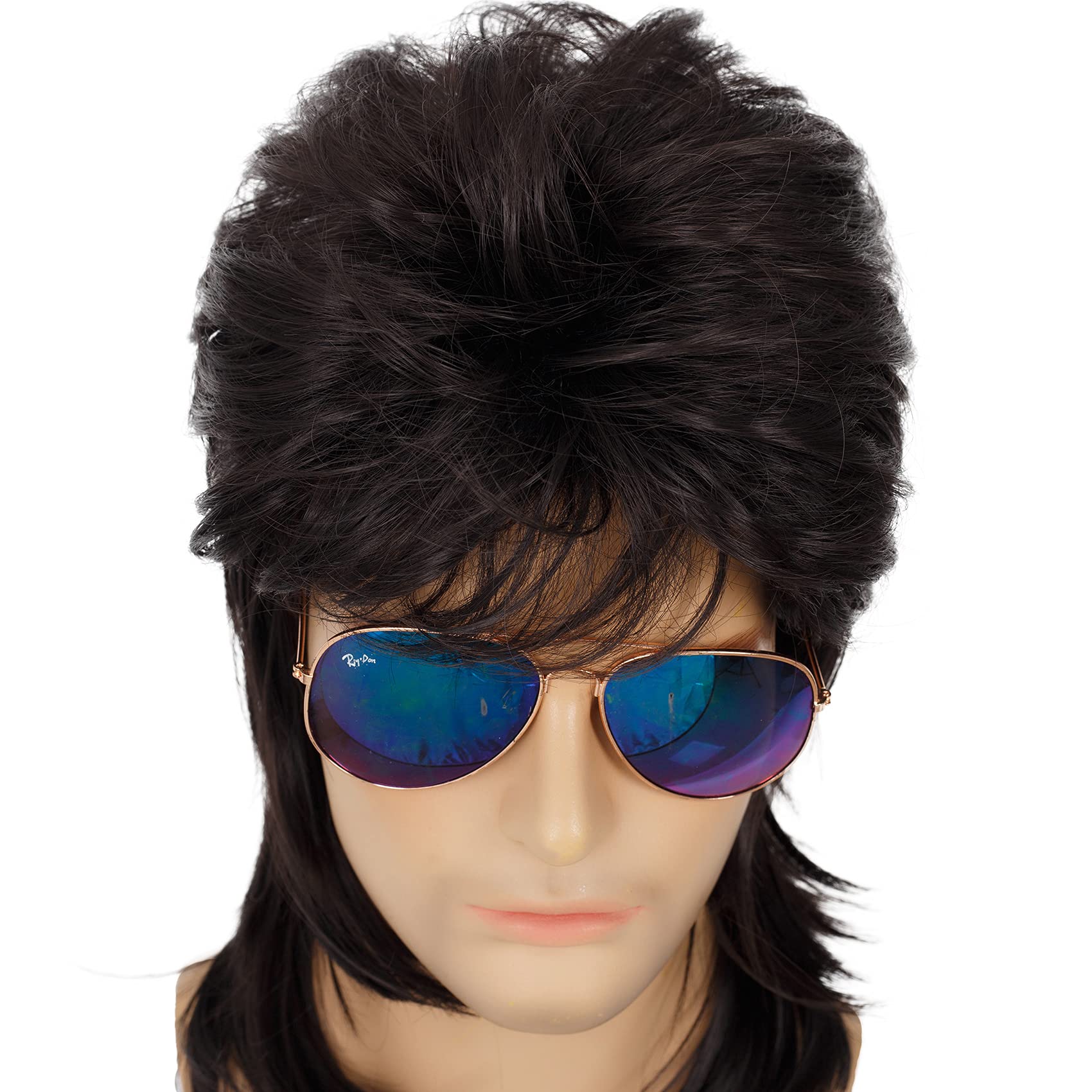 Pelucas de salmonete para hombre, color negro, rizado de los años 70 y 80, peluca de disfraz de cosplay, retro, punk, rockero, disco sintético, pelucas completas 6