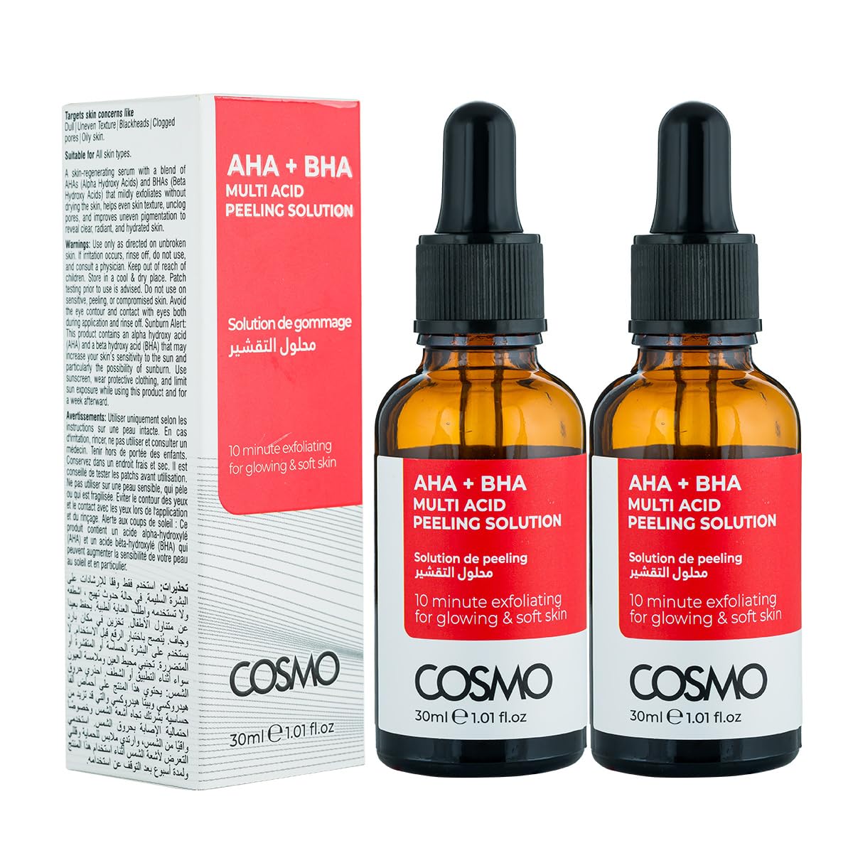 CD COSMO DESIGNS AHA + BHA MULTI ACID PEELING SOLUTION/ 10 minute exfoliating for glowing & soft skin / 2 Peice Set of 30 ml.
