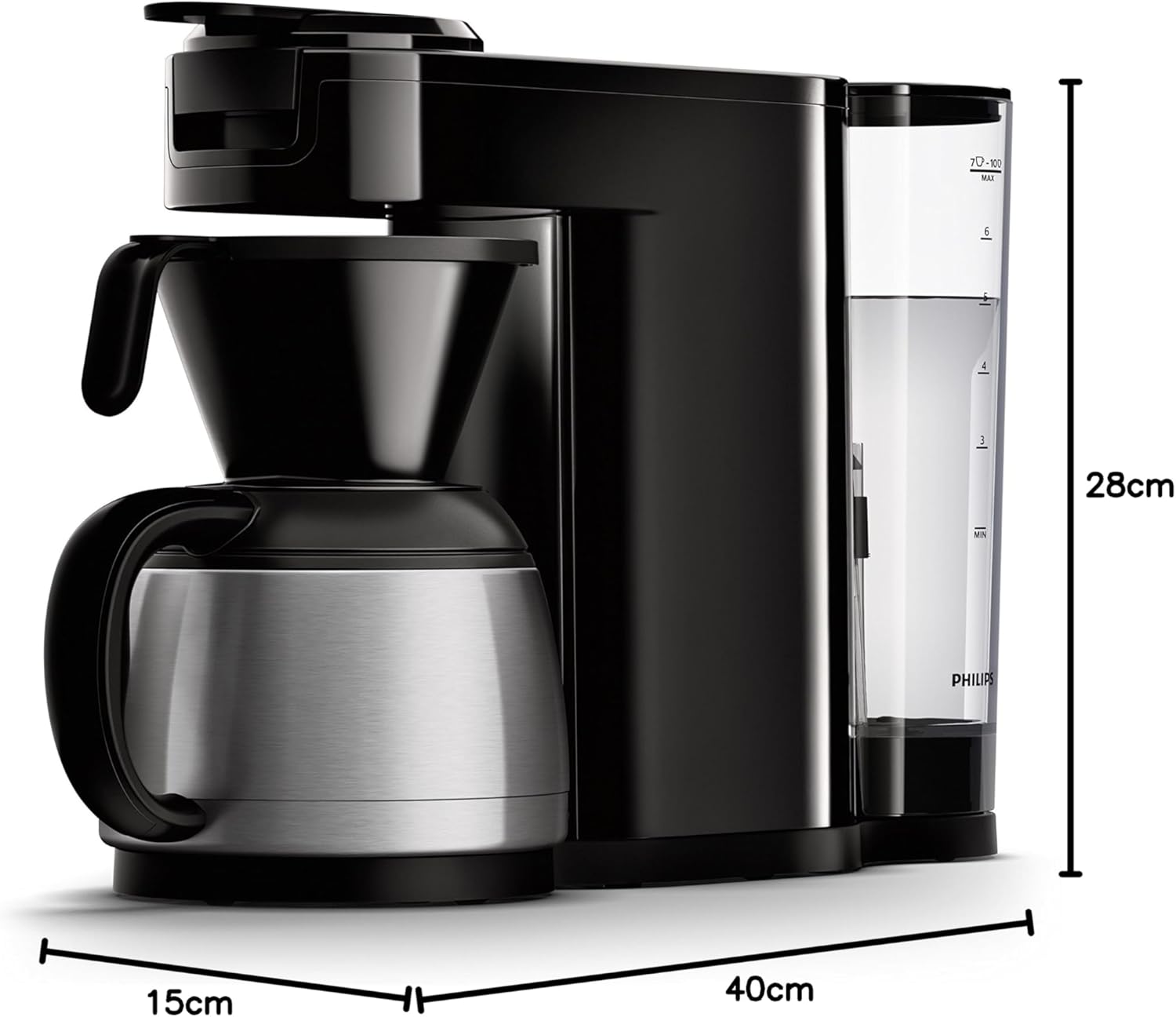 Dimensions of Philips SENSEO Switch coffee machine: 28cm height, 15cm width, 40cm depth