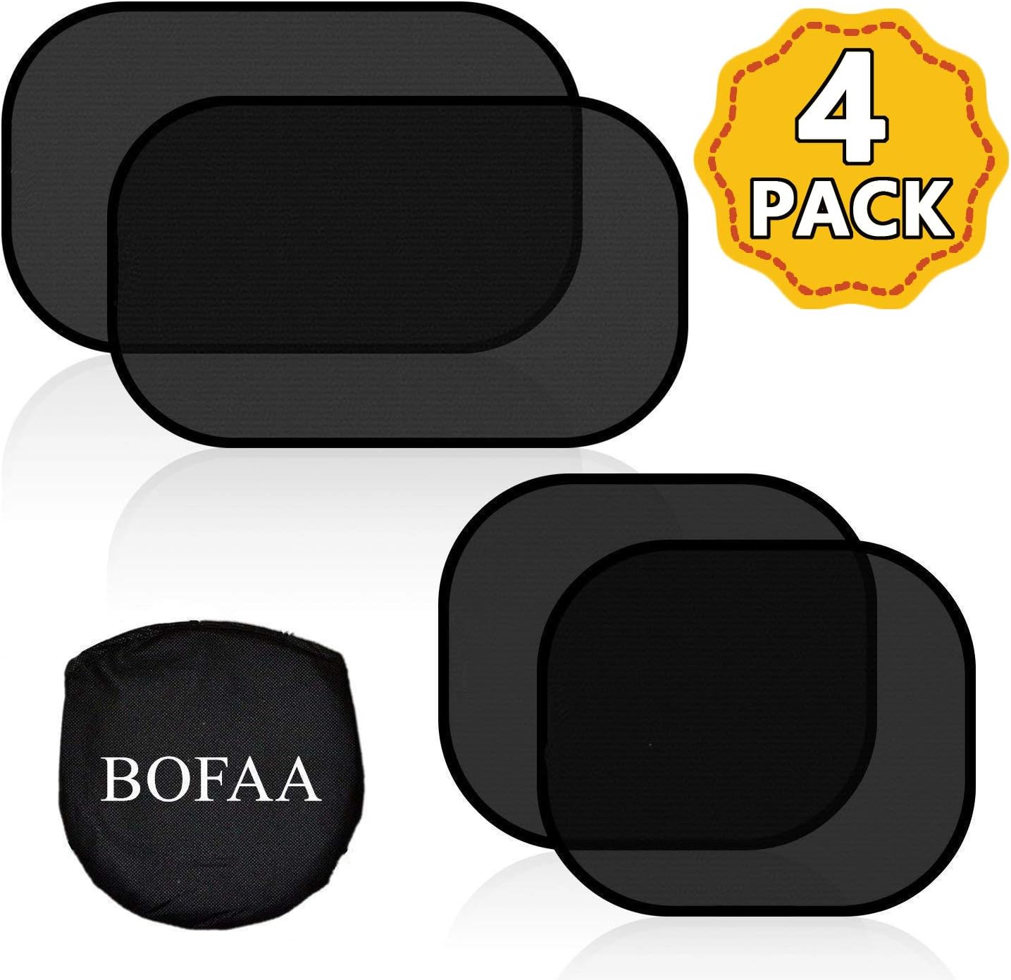 BOFAA Car Window Shade for Baby (4 Pack) 80GSM Cling Car Sun Shade for Side window - Sun, Glare And UV Rays Protection For Your kids - 2 Pack 51 * 31CM and 2 Pack 43 * 35CM Sunshade for Car Baby