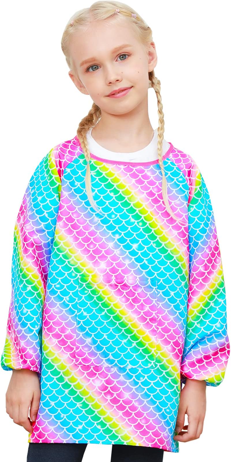 PASHOP Kids Art Smocks Unicorn Waterproof Painting Apron Smock for Girls Boys Long Sleeve Knee Length Artist Smock with Pocket for 3-12 Years (Rainbow Mermaid, 3-7 Years)