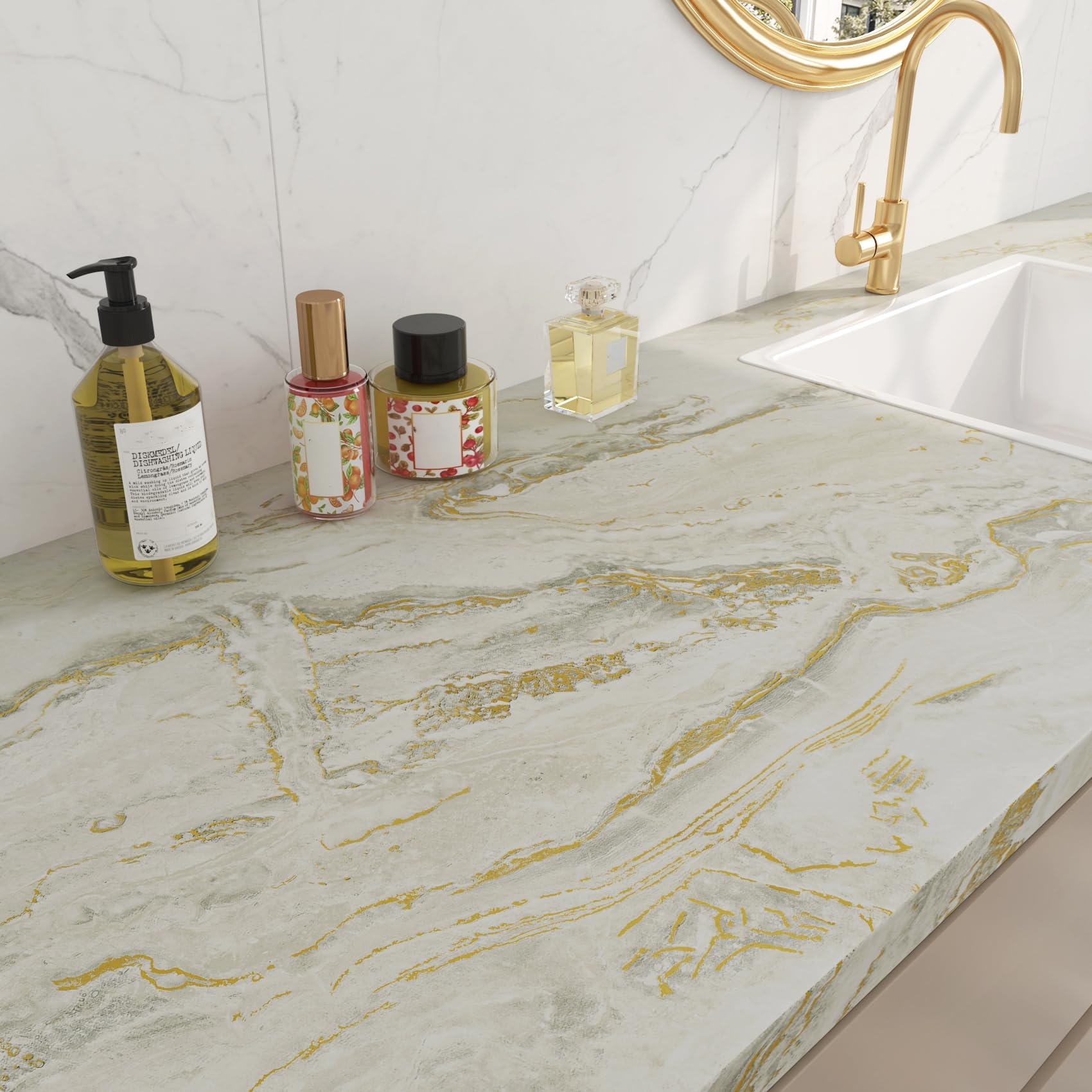 WESTICK Matte Beige/Gold Marble Contact Paper – Waterproof, Self-Adhesive, 15.8" X 80" – For Countertops, Tables, Cabinets (Gold Vein)