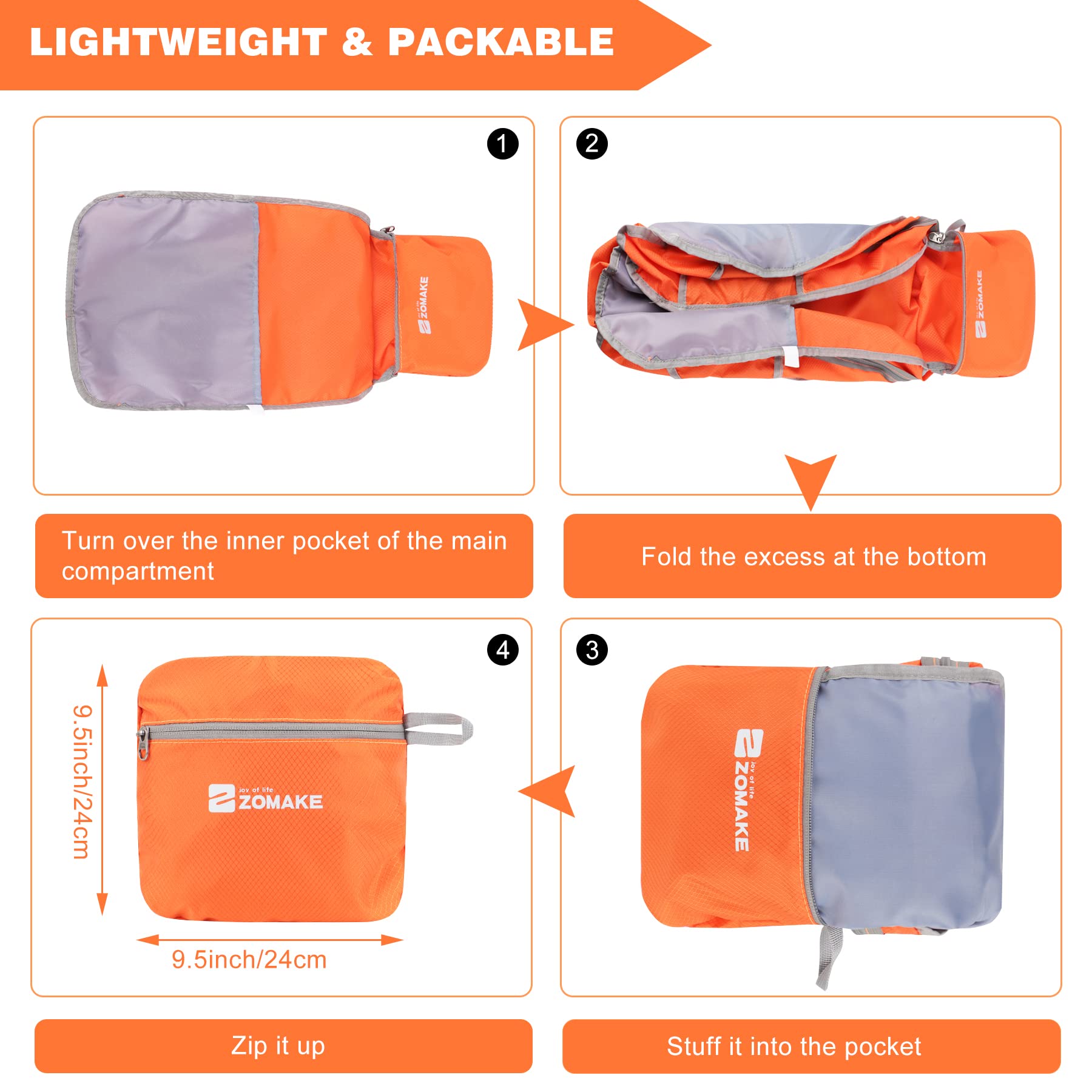 ZOMAKE Grand sac à dos léger unisexe 35 l (1 pièce), Orange, L, Sac à dos daypack