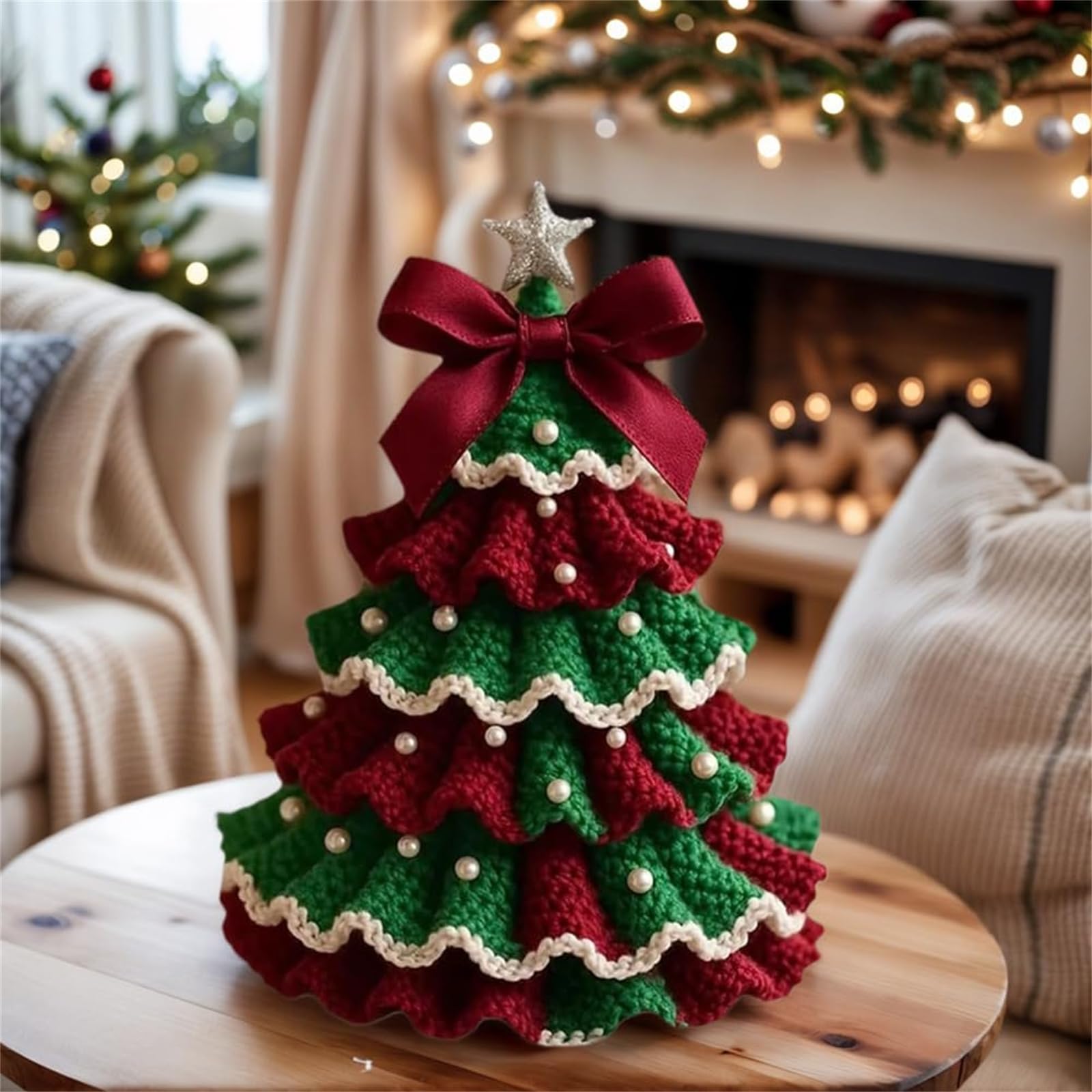 Kit de árbol de Navidad de ganchillo hecho a mano, juego de decoración navideña con lazo y adorno de perlas, perfecto para principiantes