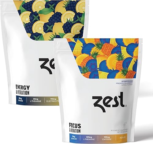 Miniatura 6 de Zest Natural Energy & Electrolitos en polvo  250 mg de cafeína  Limonada de mora  Mezcla con agua  14 paquetes de viaje  Rehidratación líquida baja