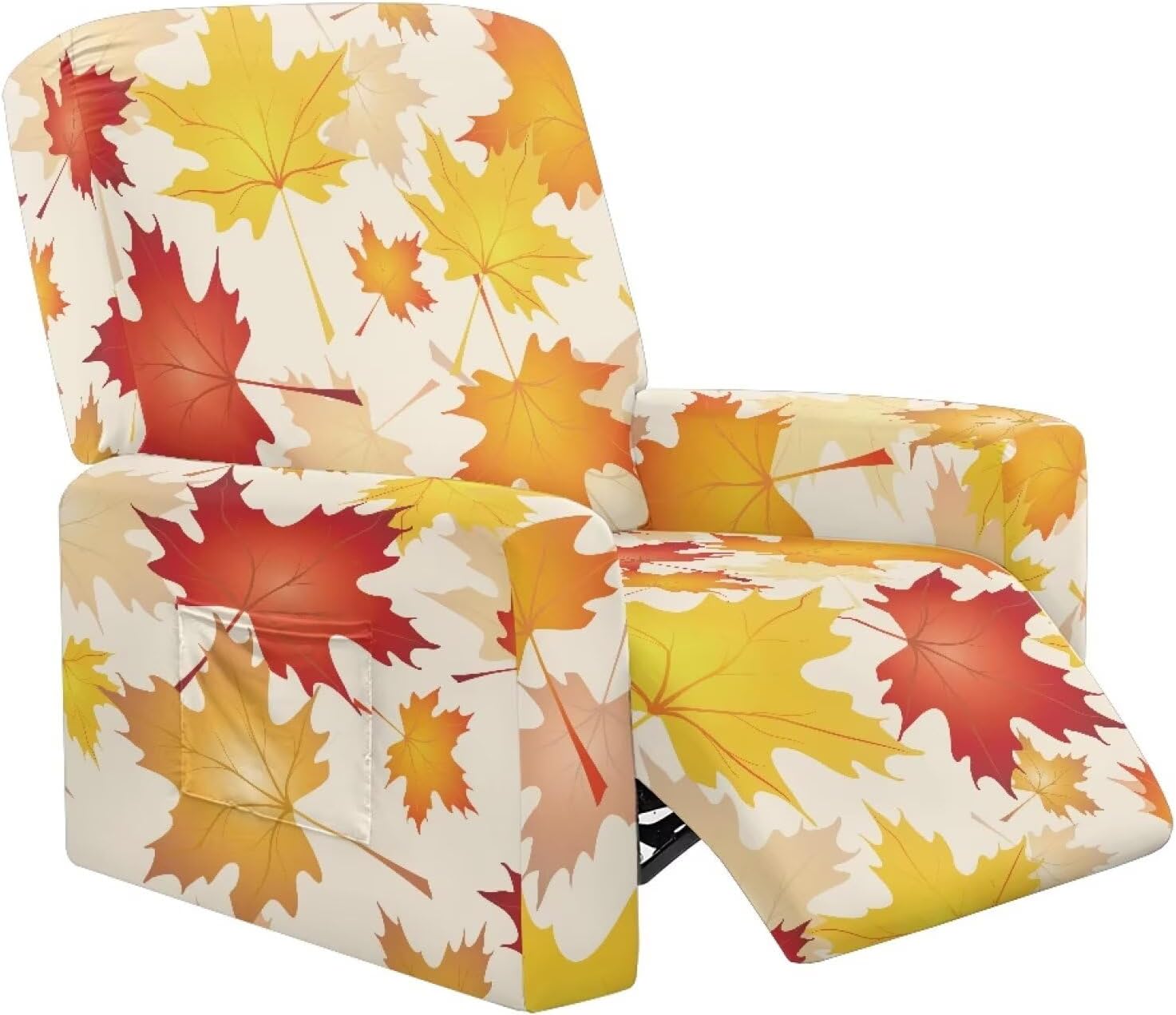 FOR U DESIGNS Maple Leaves Cover for Recliner Chair 4-Piece Stretch Set with Storage Pockets Washable Furniture Protector Elastic Edges Stay in Place for Small Recliners