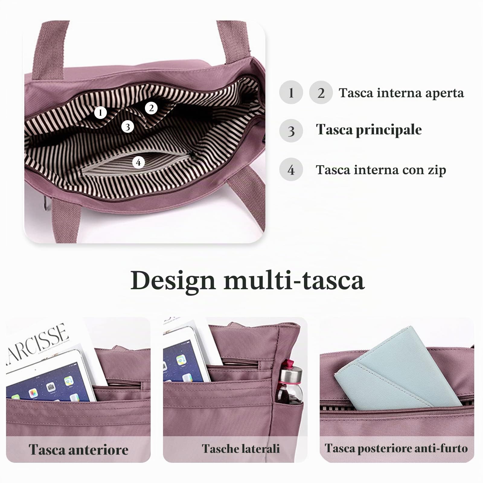 CORIOS Borsa a Mano Donna in Nylon Impermeabile - Multifunzionale a Spalla e Tracolla per Lavoro, Shopping, Scuola, Viaggi e Uso Quotidiano - Viola