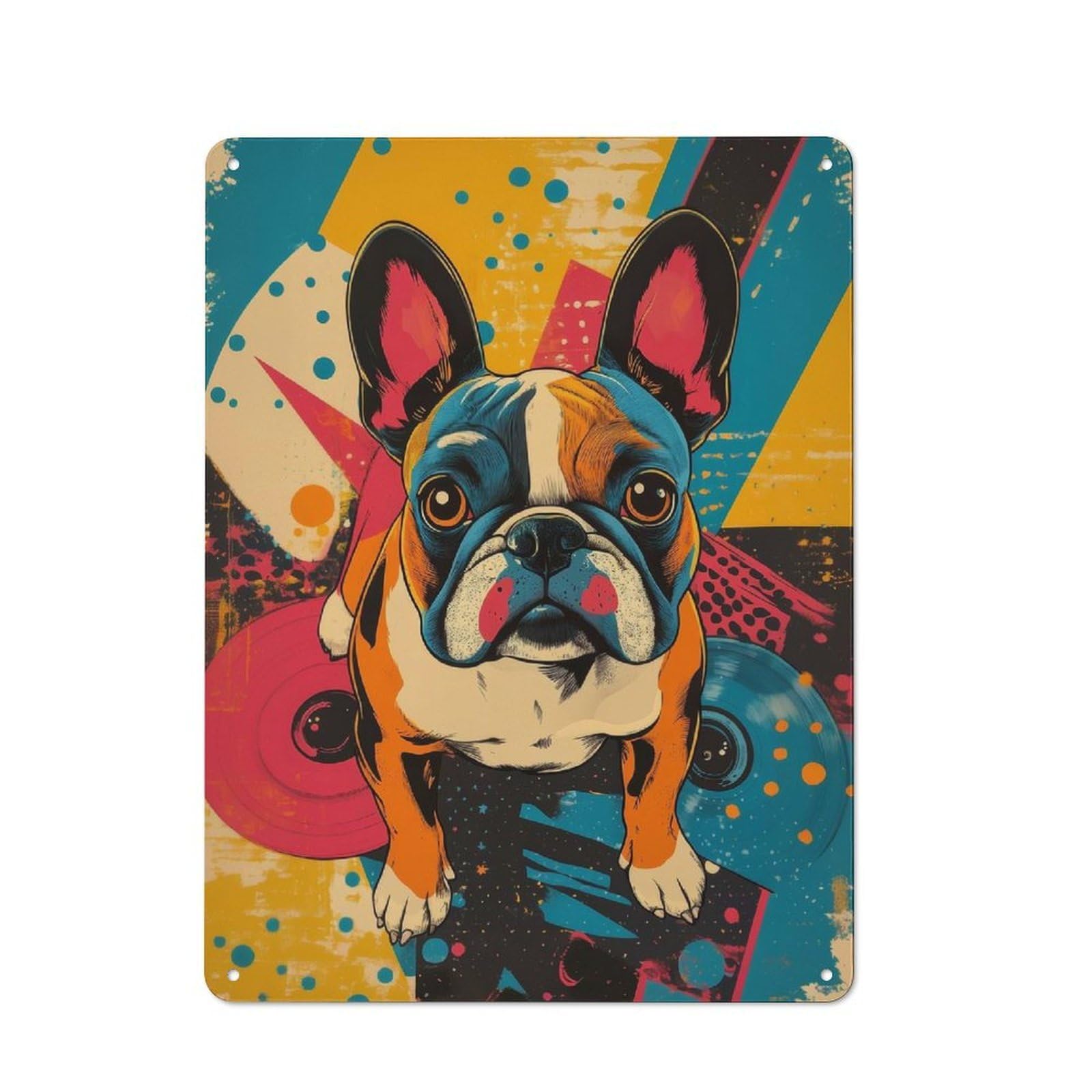 Junmoney French Bulldog Wall Art Colorful Bulldog Pop Art Industrial-Style Metal Plaque 40X30cm For Hallway Wall, A Winter Wall Decor Update For Hallway Decor Lovers
