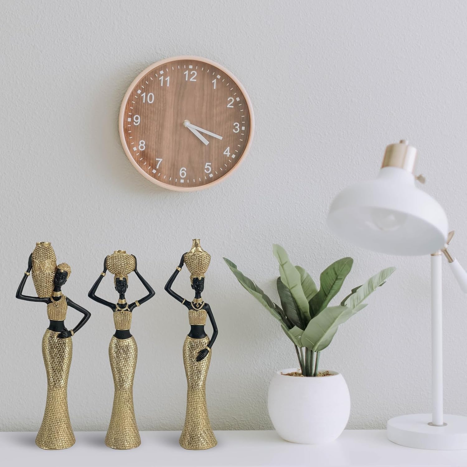 African Women Water Pot Trio Statue - Golden Textured Resin Sculptures Set of 3, Traditional Daily Life Figurines for Home Decor, African Cultural Art Gifts for Housewarming/Office