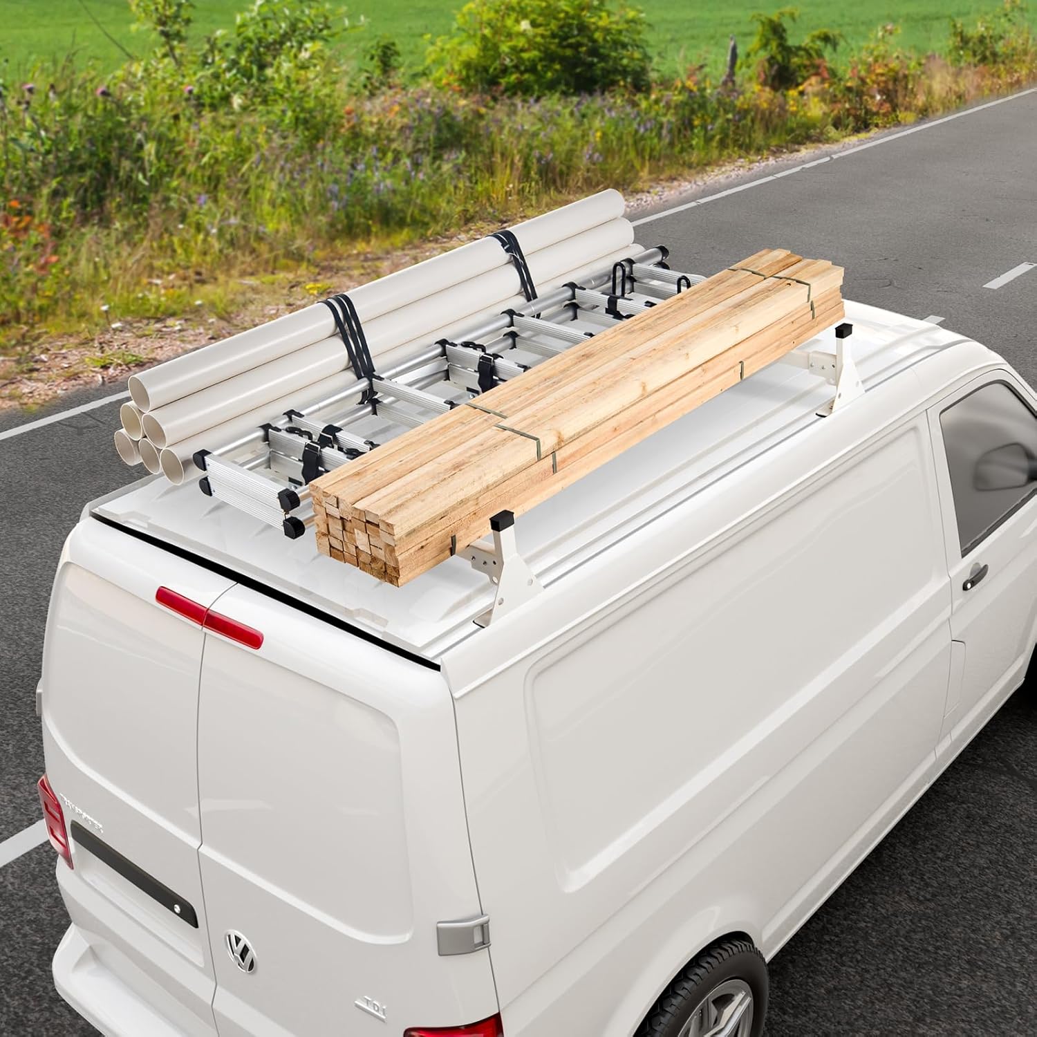 VEVOR 54" Van Roof Ladder Racks, 600 lbs Capacity Heavy-Duty Steel Roof Racks for Van, Drilling Racks with Straps, Fit for Ford Transit 150, 250, 350, 2015-2022, 2 Bars