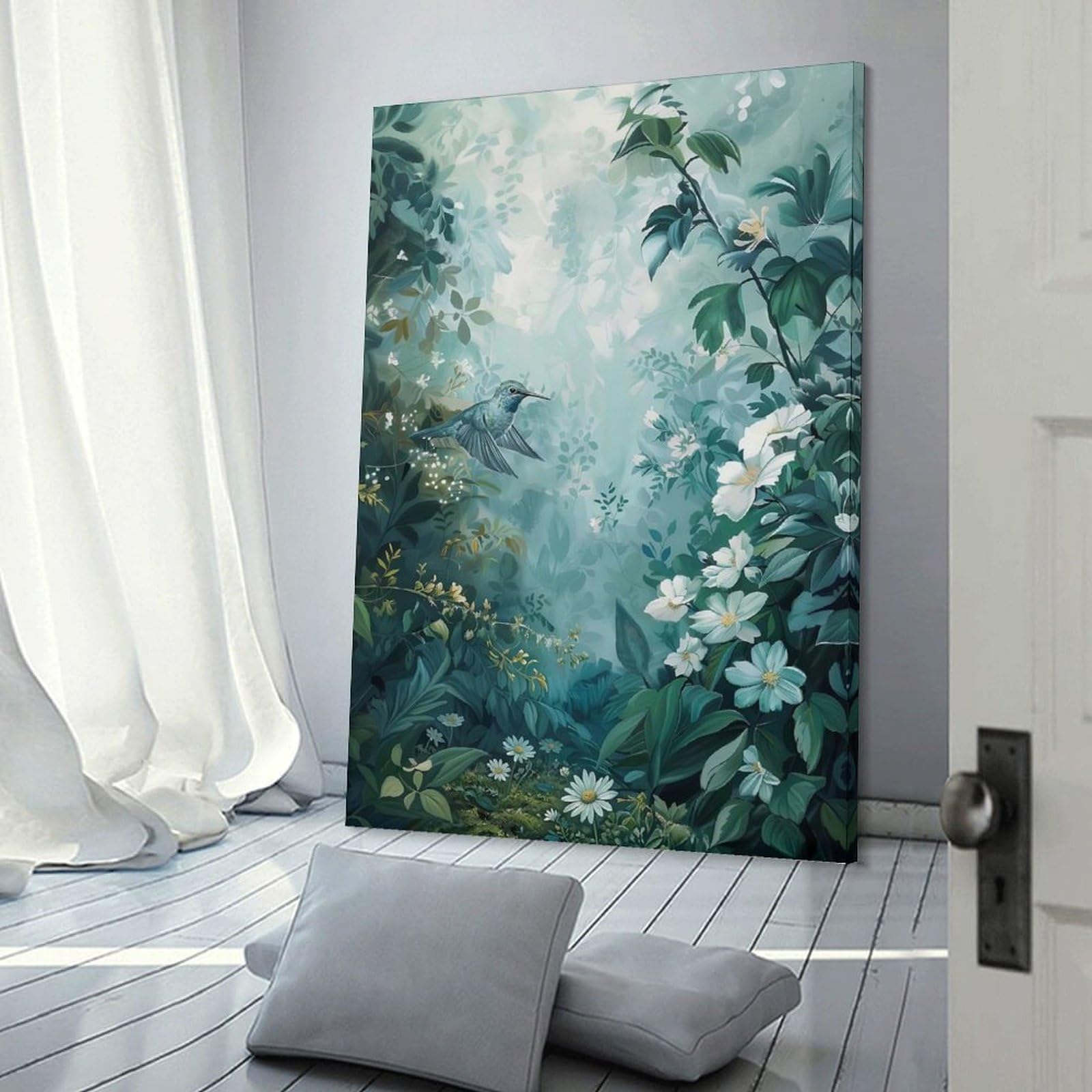Junmoney Hummingbird in A Lush Garden Wall Art Print, 20x30inch(50x75cm), for Entrance Spaces, Stair Walls Or Halls, Home Artwork for First Impressions