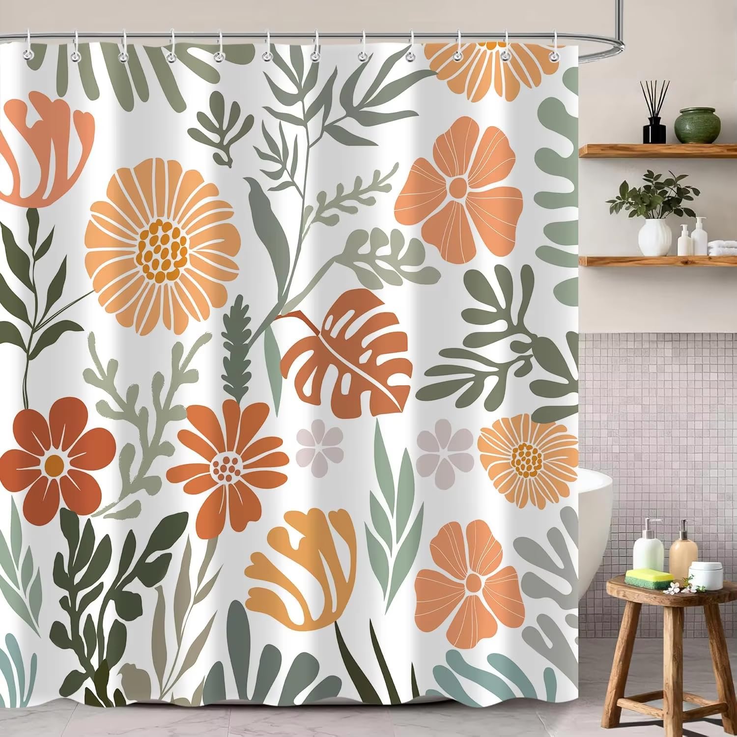 IHHGNB Green Orange Shower Curtain Waterproof Shower Curtains for Bathroom Brown Botanical Leaves Boho Floral Bathroom Decor(120x180cm(47x71in)