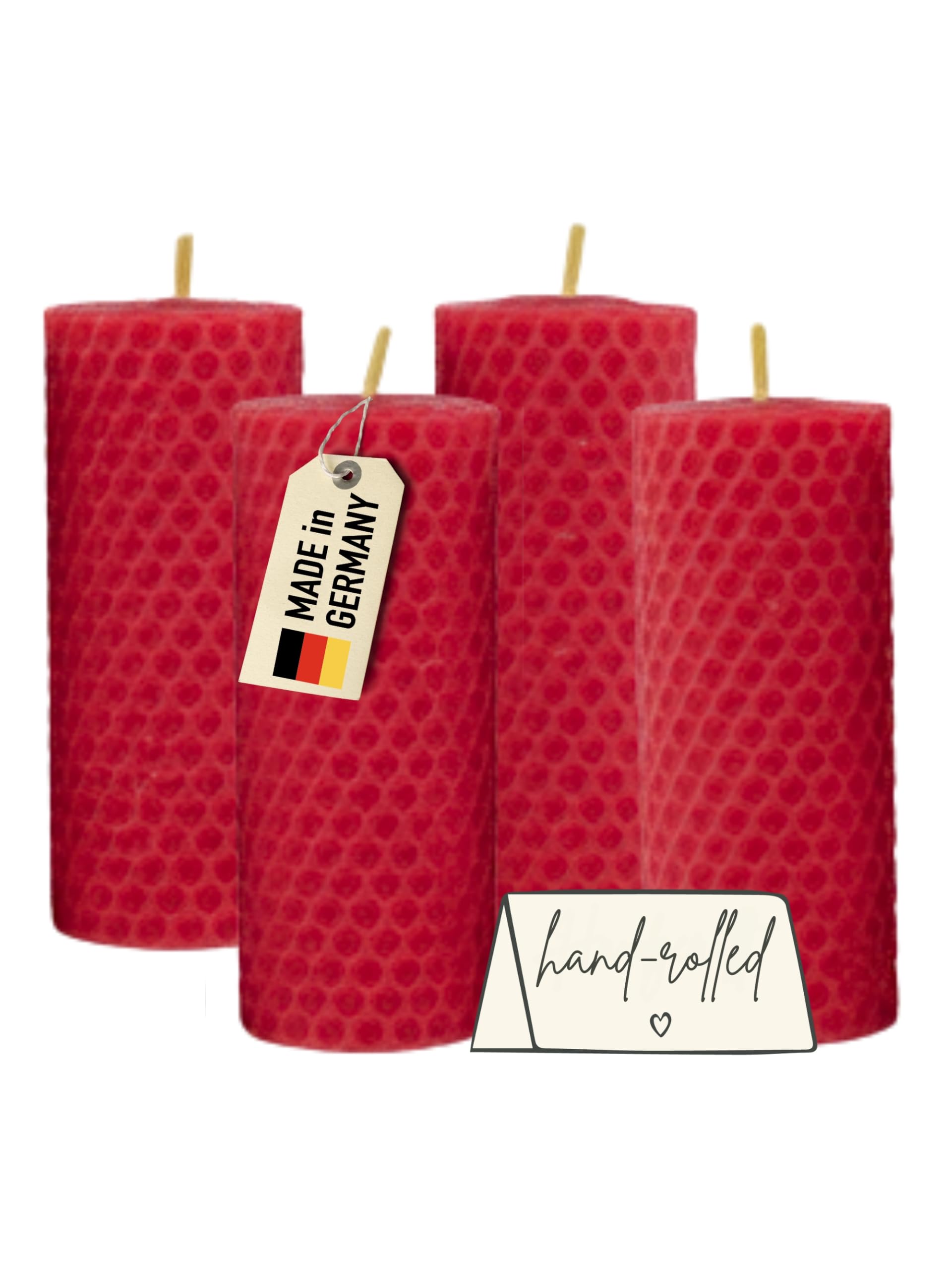 Wachsmann Set Of 4 Red Pillar Candles Easter Candles, Set Of 4, 100% Beeswax, Hand Rolled, Made In Germany, Beeswax Candles, Honey Candles Each With 6 Hours Burning Time
