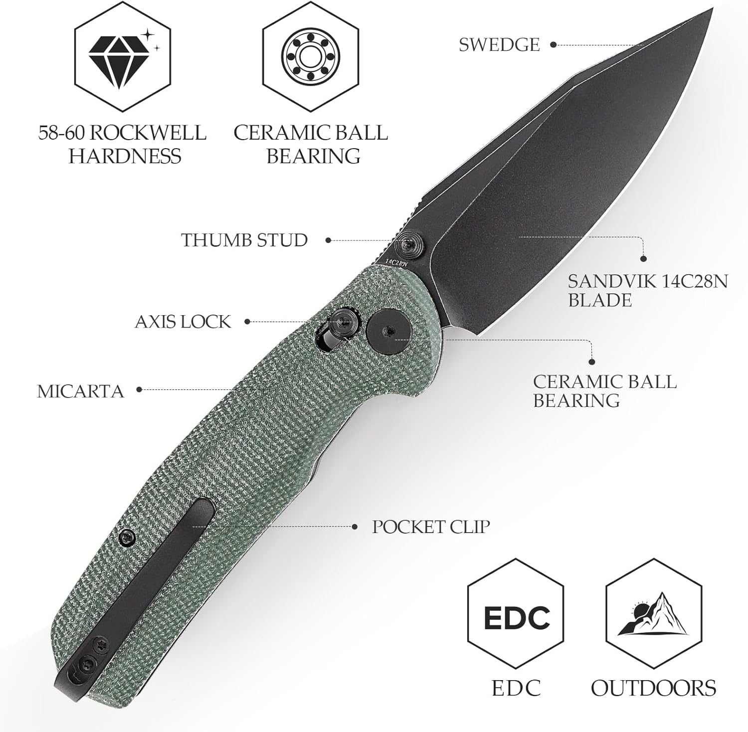 TRIVISA Pocket Knife, 3.34'' 14C28N Black Blade Folding Knife for Men Women, Green Micarta Handle Folding Pocket Knives with Clip, Axis Lock Thumb Studs Opener, Outdoor Camping Knife, Hornet-04G