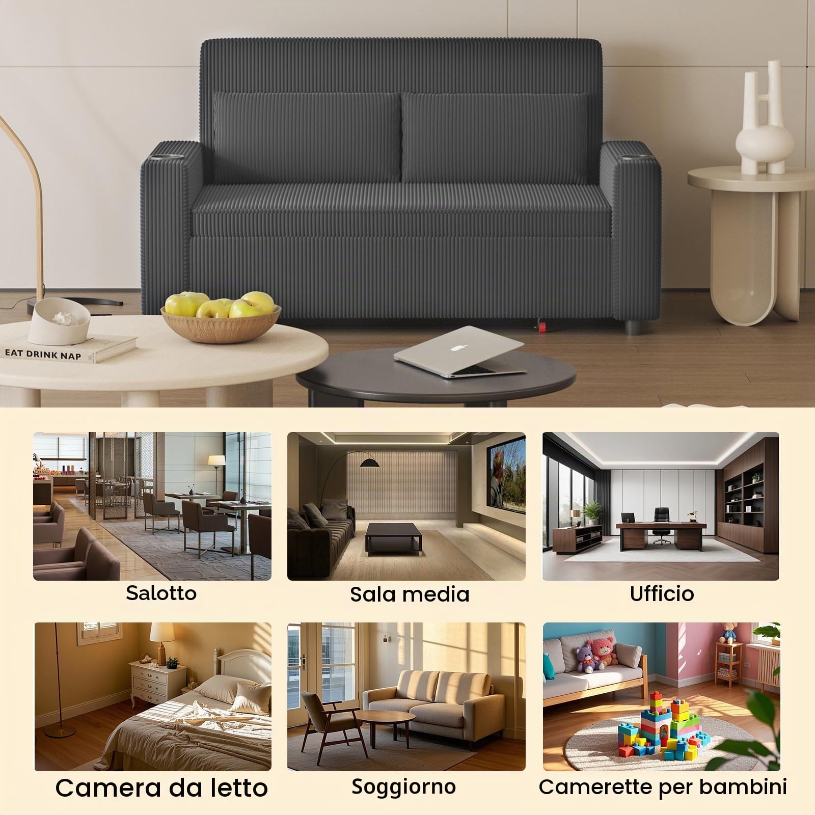 Devoko Divano Letto 2 Posti in Velluto Divano Matrimoniale Prontoletto Estraibile con Schienale Regolabile in 5 Posizioni per Soggiorno, Camera da Letto o Ufficio, 75P x 160L x 93H cm, Grigio