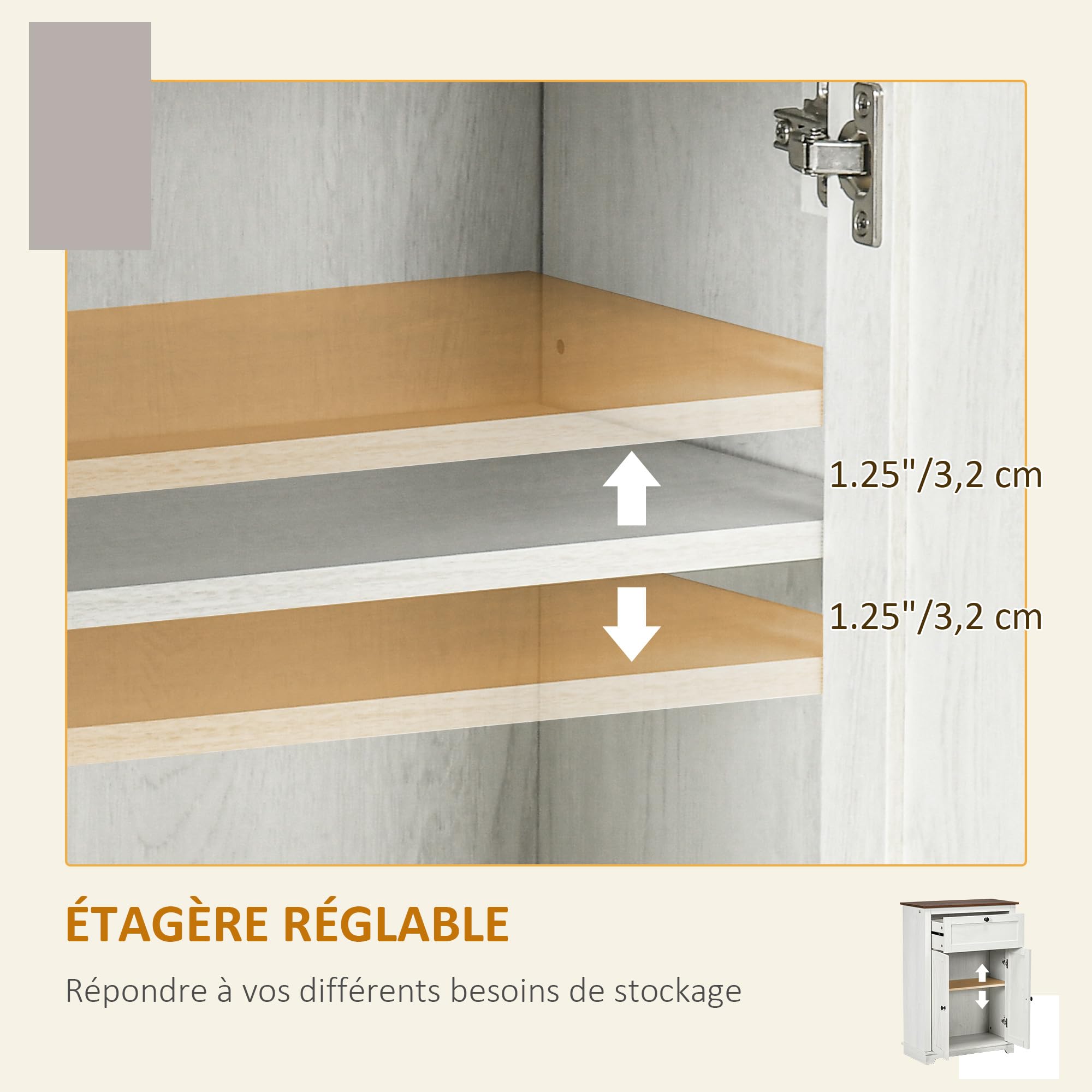 HOMCOM Buffet de Cuisine Multi-rangements 2 Portes avec étagère réglable, 1 tiroir, Design Campagne, pour Salon, Chambre et Cuisine, 60 x 30 x 87,5 cm, Blanc
