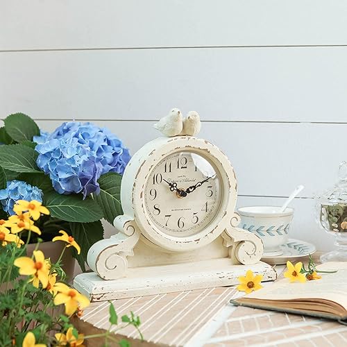Miniatura 2 de NIKKY HOME Reloj de mesa vintage con 2 pájaros, silencioso sin tictac, funciona con pilas, estante de escritorio, reloj de madera rústico para