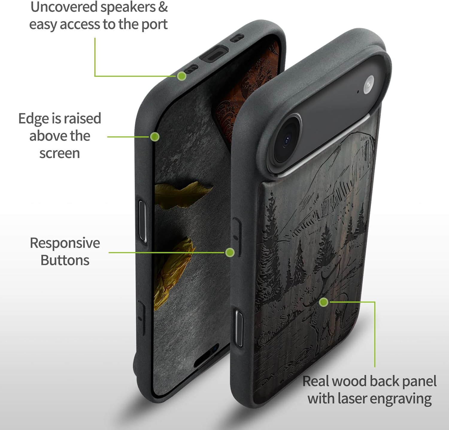 Carveit Magnetic Wooden Case for iPhone Air Case, Wood Artisan Engraved & Soft TPU Shockproof Cover, Compatible with MagSafe 17 Air Wireless Chargers (Mountains and Deer) Blackwood