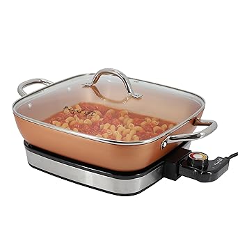 MegaChef Electric Fry Pan with Copper Non-Stick Coating, Tempered Glass Lid & Adjustable Temperature Control, Versatile Small Kitchen Appliance 11.81 Inch Fry Pan