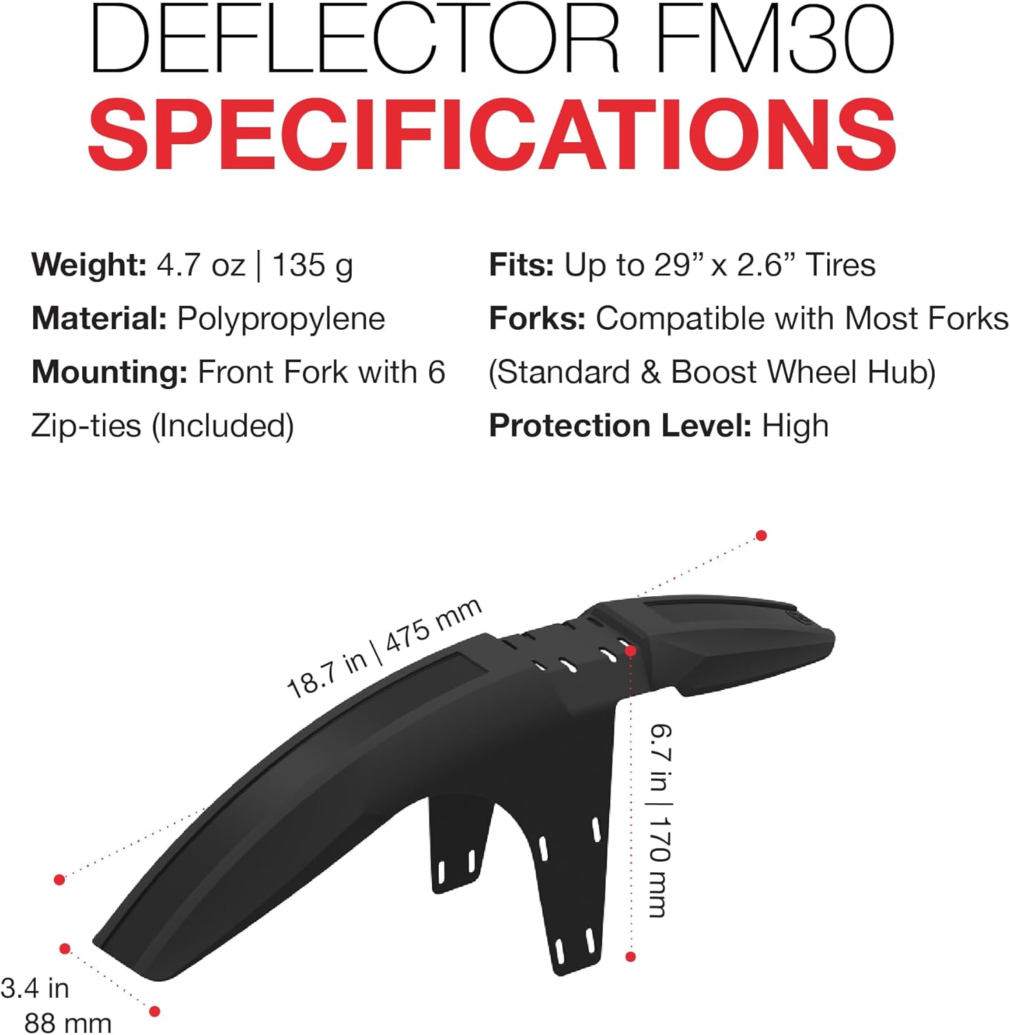 Zefal Deflector FM30 Front Bike Mudguard – MTB Fork Fender for 26”, 27.5”, 29” Wheels – Zip-Tie Mount with Paint Protection, Fits Up to 2.6” Tires, High Coverage, Lightweight