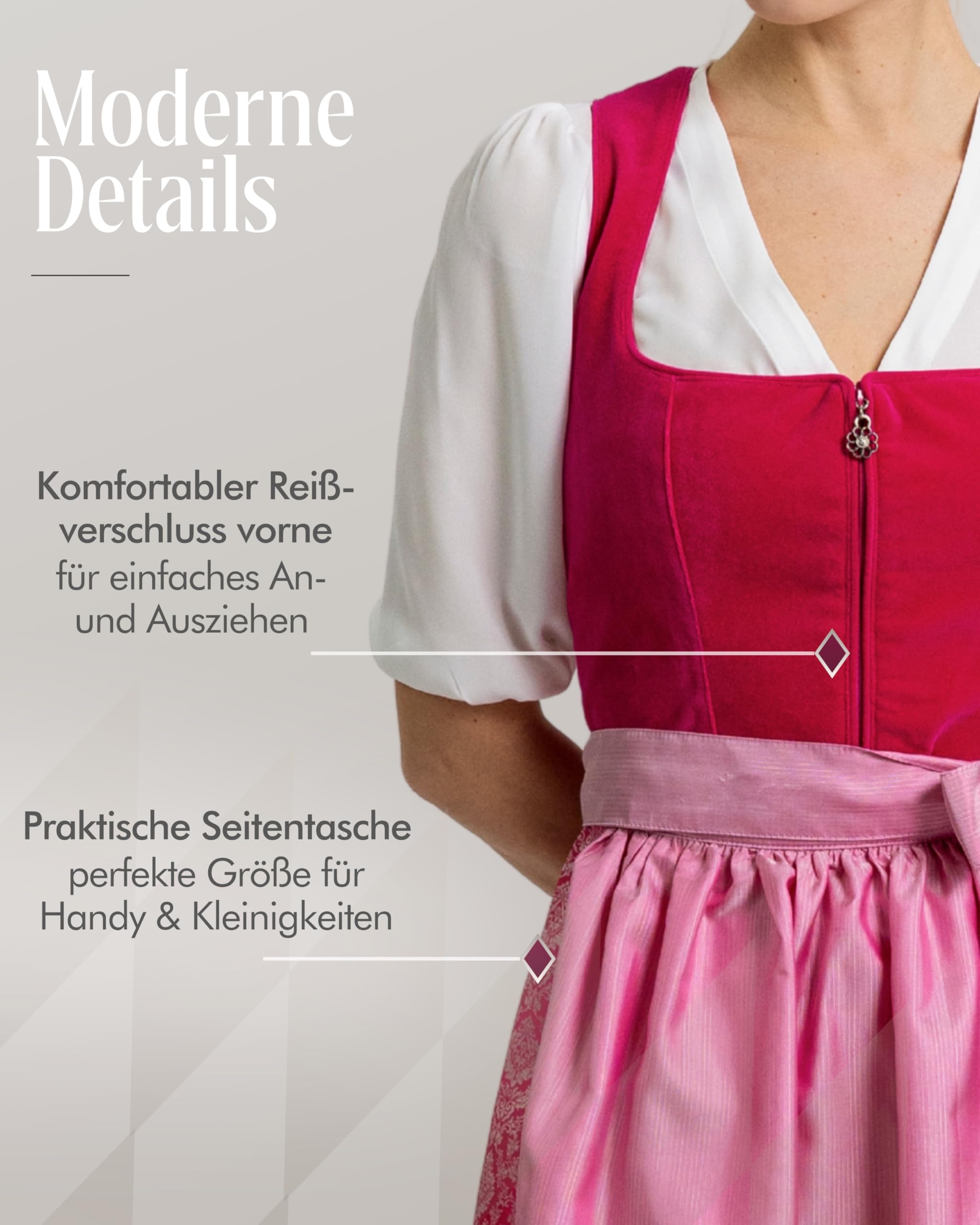 Nübler Damen Dirndl Karla I Größen 30-48 I Midi-Dirndl mit Rocklänge 70 cm & passender Schürze I Festliches Trachtenkleid mit modernem Schnitt & dezenten Details I Ideal für Trachten & Festlichkeiten