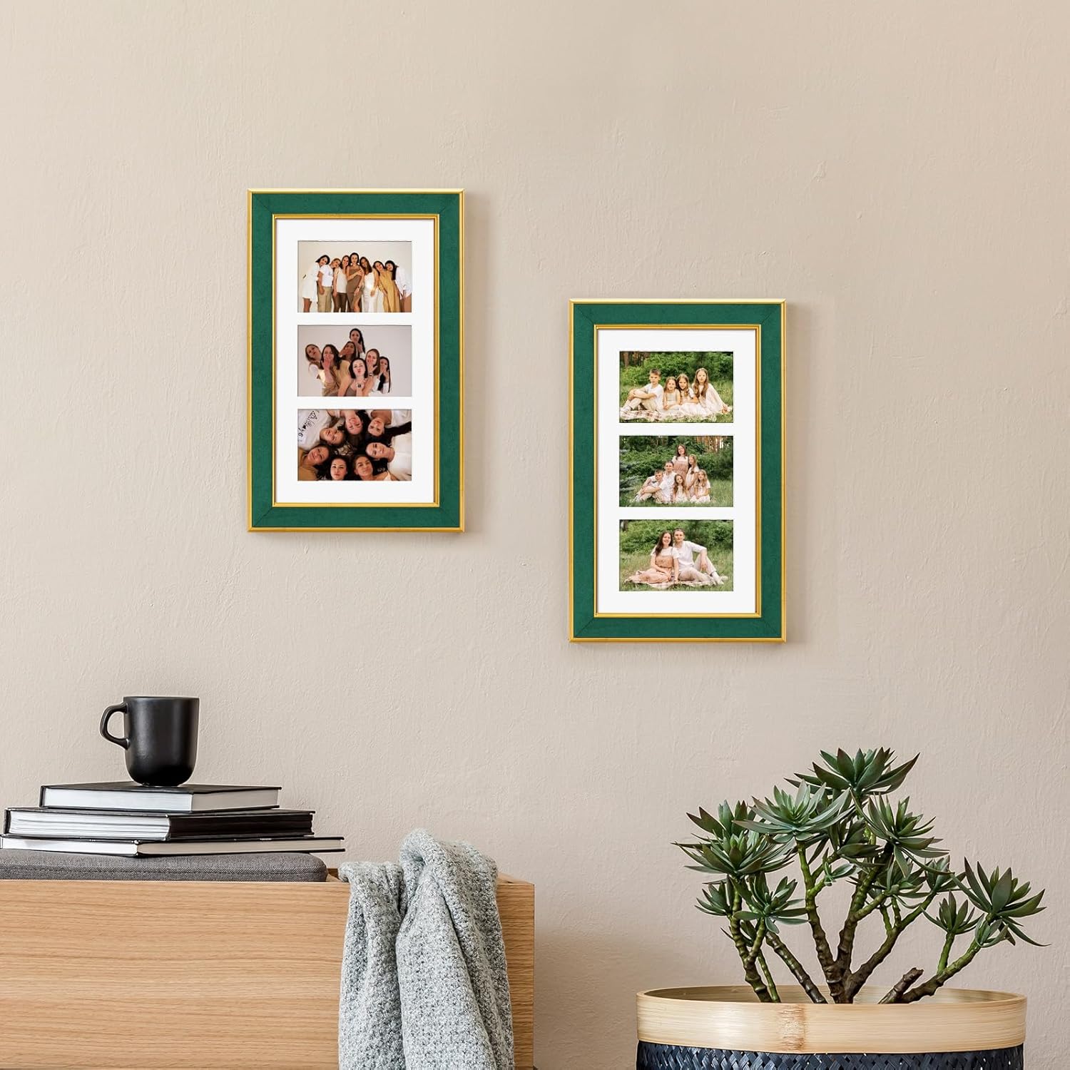 Suede 8x14 Picture Frame Display 3 Opening 4x6 Picture Frames Collage Wall Decor with Mat,Multi Photo Frame for Plexiglass,Wall Decor,1Pack,Green