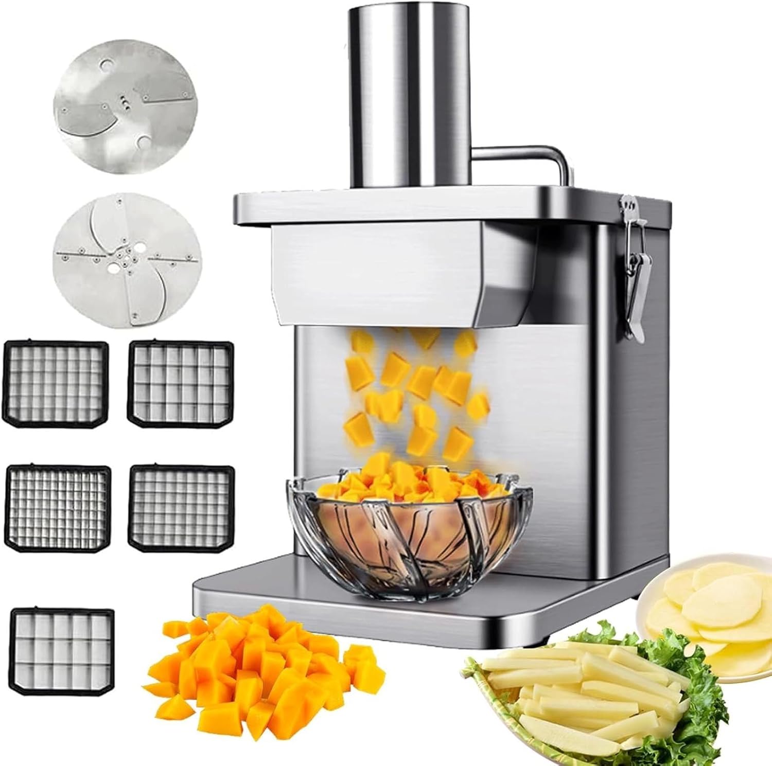 Commercial Vegetable Dicer Chopper,250w Automatic Carrots Shredder,Electric Fruit Dicer,Multifunctional Food Processor,Dicing Machine-Feed Diameter: 70 * 60cm,Silver