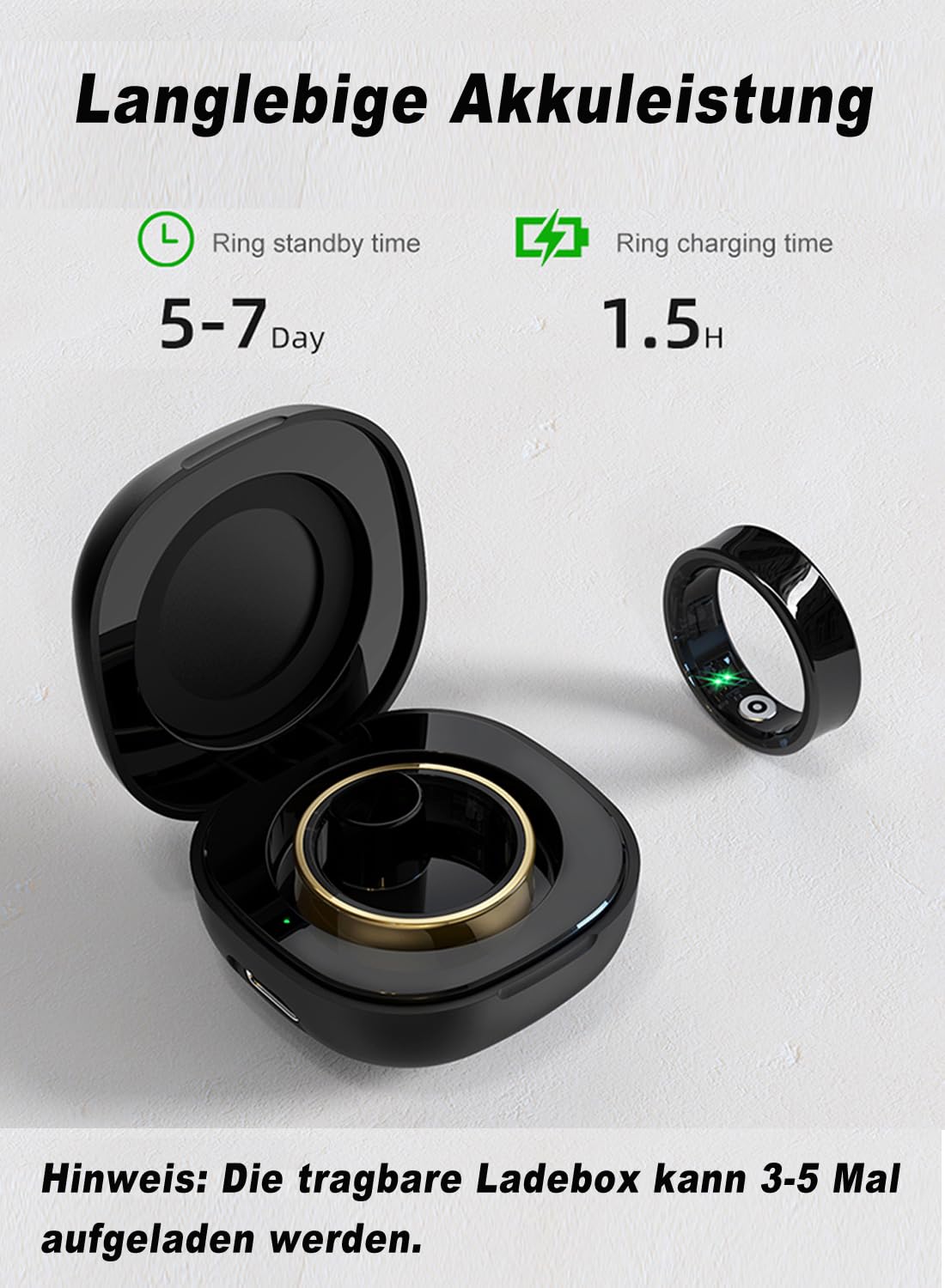 Bague intelligente pour homme et femme - Avec étui de chargement - Étanche 5 ATM - Compatible avec iOS/Android - Pour le sommeil, la fréquence cardiaque, le rappel physiologique
