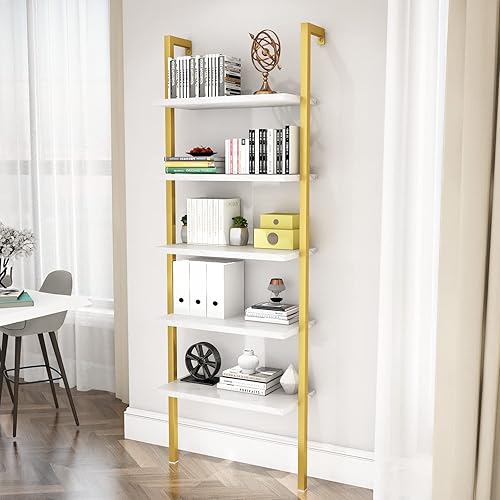 Miniatura 6 de DKLGG Estantería para montar en la pared, 2 estanterías industriales de escalera, estante de 5 niveles montado para libros con marco de metal,