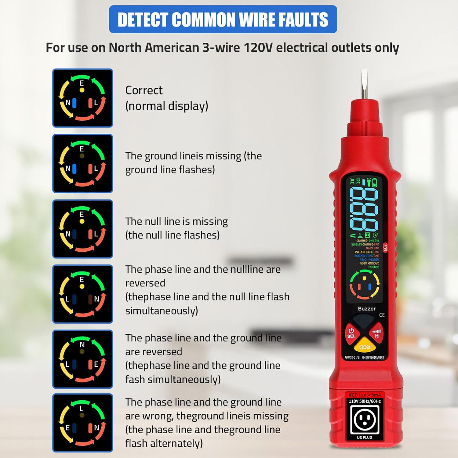 Voltage Detector with LCD Display, Electrical Tester Outlet Tester Dual Range AC 2-440V 50Hz-60Hz, Voltage Tester with Flashlight for Electrical Repair Dual Range 2-440V
