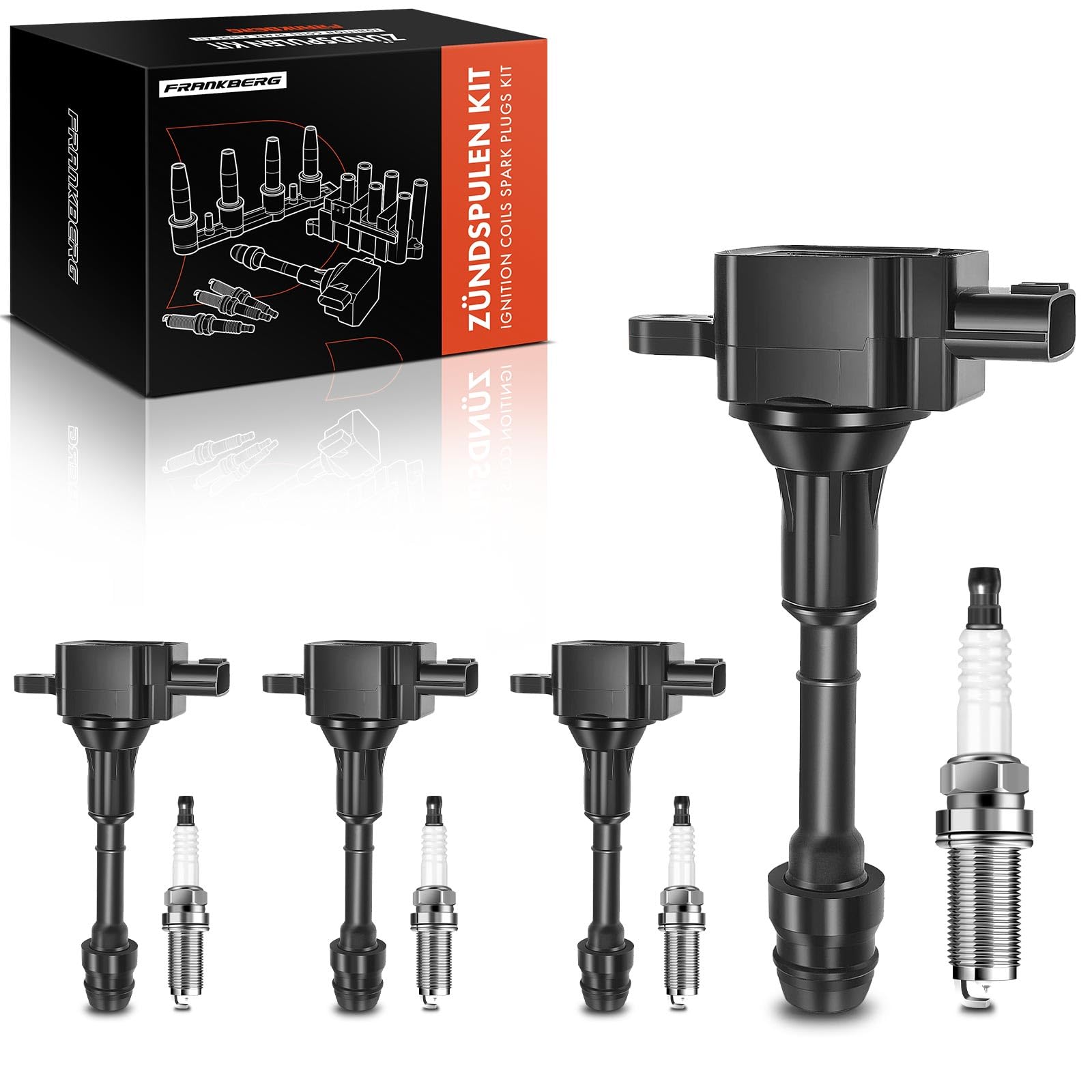 Frankberg Juego de 4 bobinas de encendido y bujías para gasolina 3 Polos | 224488H300; Compatible con: X-Trail T30, Primera Hatchback P12, Primera P12, Primera Kombi WP12