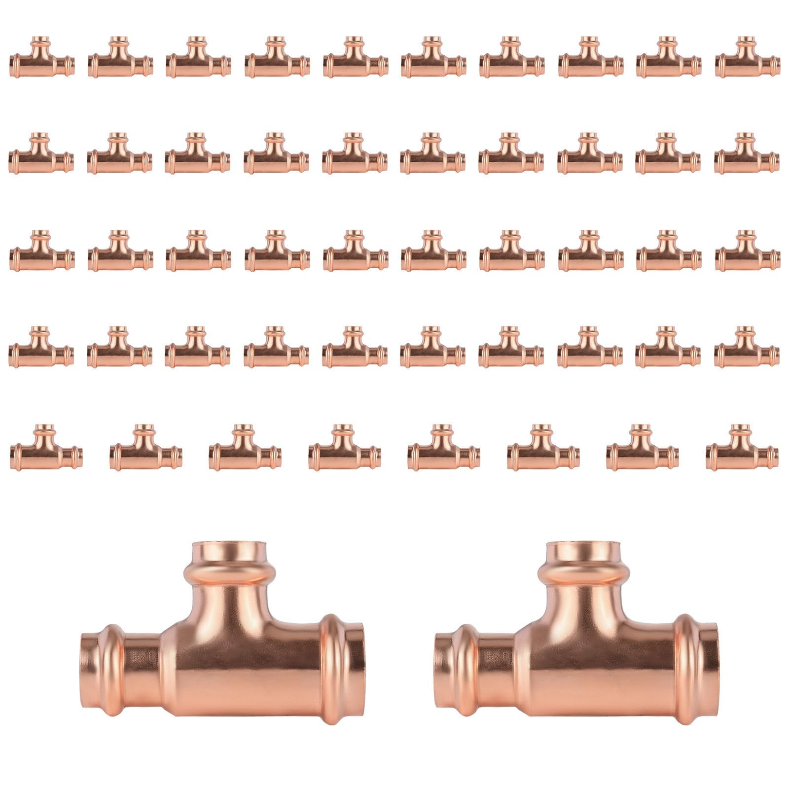 Paquete de 50 conectores en T reductores de cobre GUOFIS, 1-1/4" P x 3/4" P x 3/4", conector en T reductor de presión para plomería, conector de tres vías para derivación de tamaño de tubería.