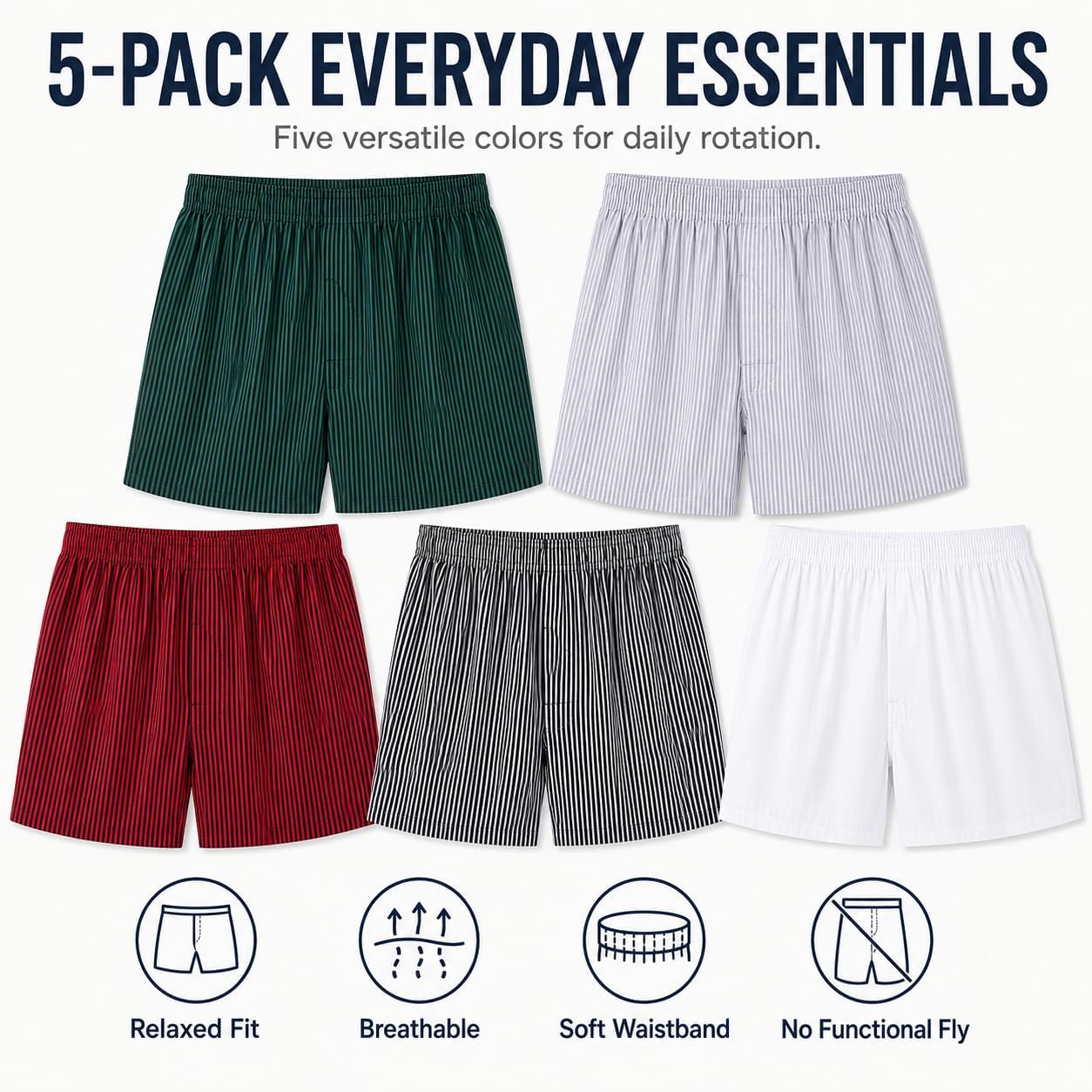 Men's Cotton Boxer Shorts, Striped Woven Boxers for Men, Closed Front
