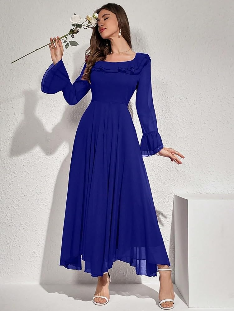 XPSDEPO Casual Vacation Women Elegant Solid Color Sleeve Ruffle Hem Dress  Maxi Dress at Amazon Women's Clothing store