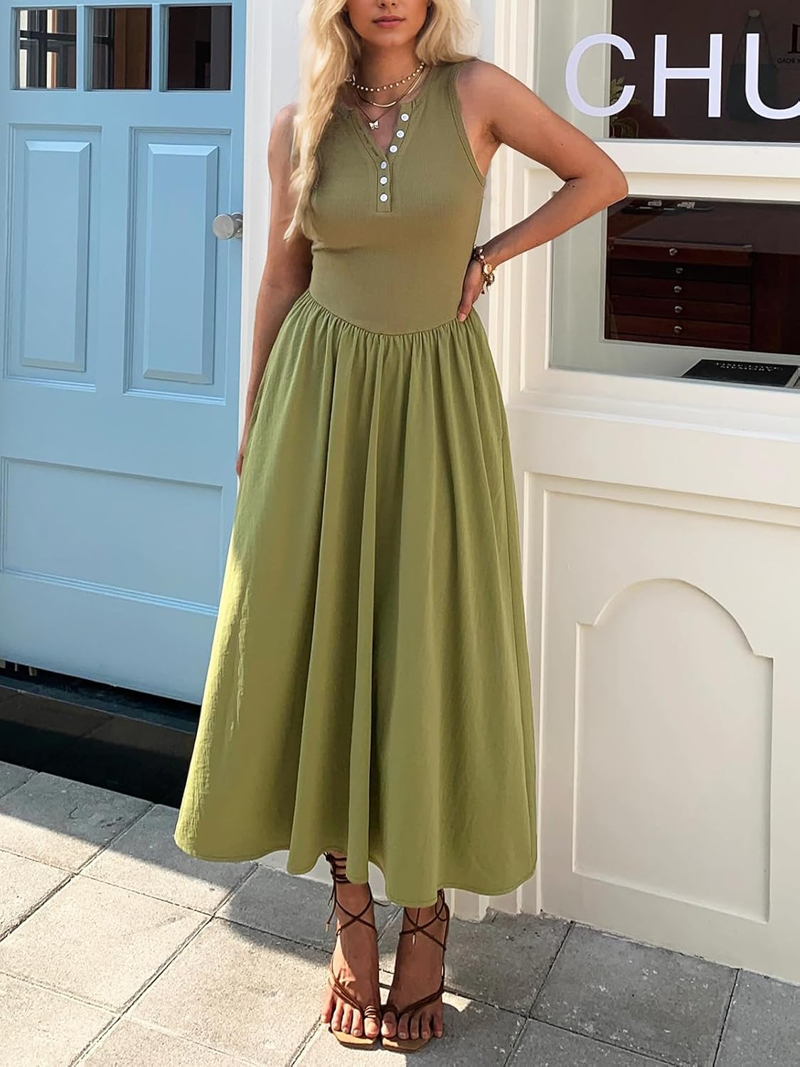 Women's Summer Casual Dresses Sleeveless Knitted V Neck Sundress Drop Waist A Line Long Maxi Dress with Pockets - Image 2