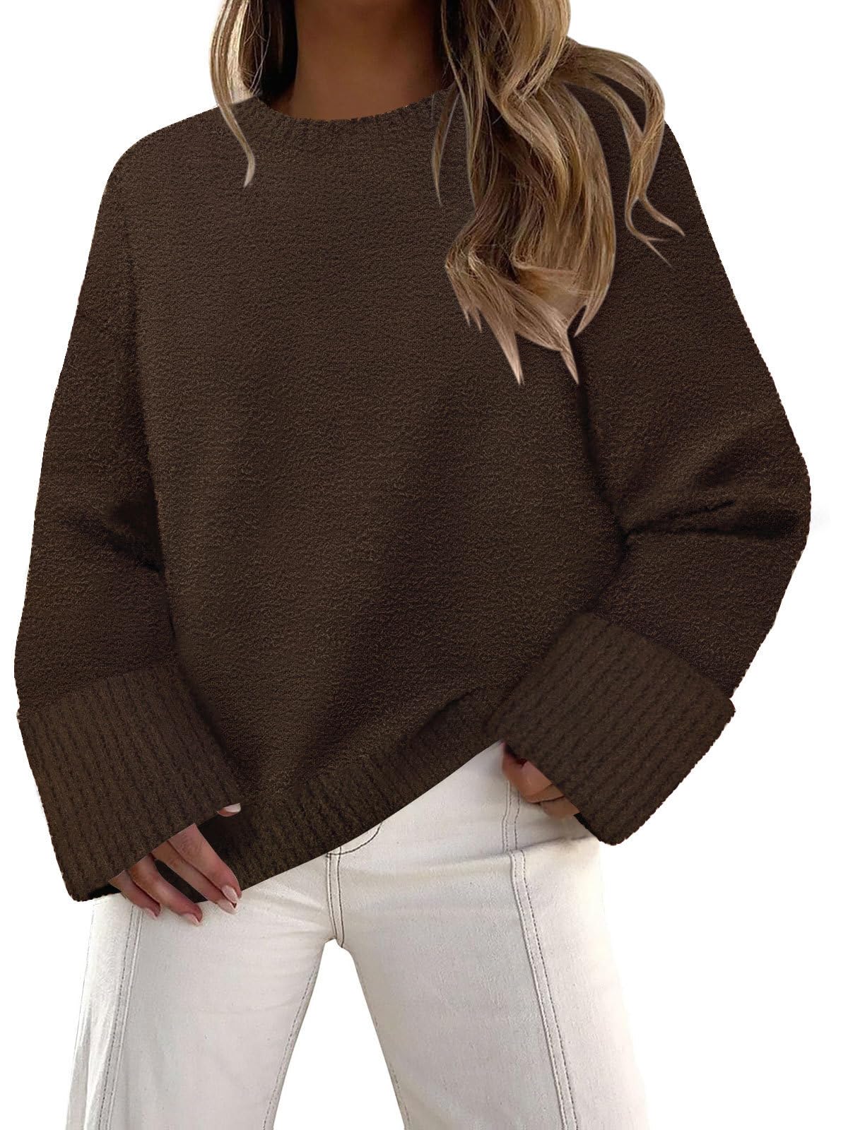 Womens Fuzzy Knit Sweaters Trendy Crewneck Pullover Tops Fall Winter Fashion Outfits