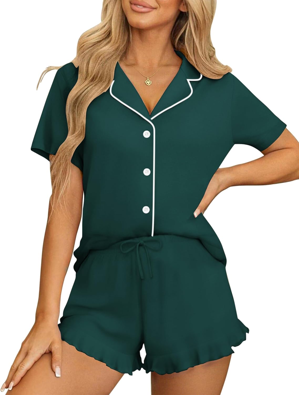 Ekouaer Womens Pajama Sets Button Down Short Sleeve Top and Shorts Cute Pjs Sets Sleepwear