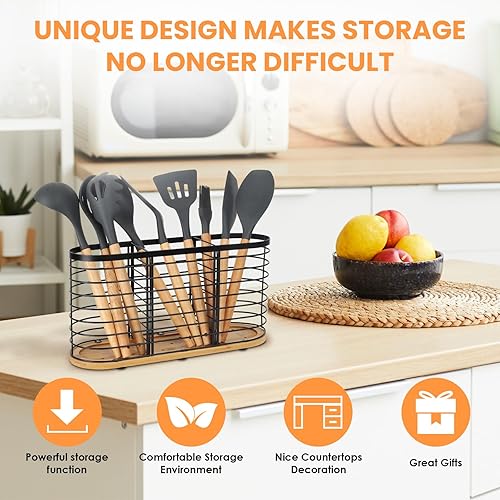 Miniatura 2 de Soporte para utensilios para encimera de cocina, soporte grande para utensilios de cocina de granja, 13.5 x 4.3 x 6.9 pulgadas, con base de madera,
