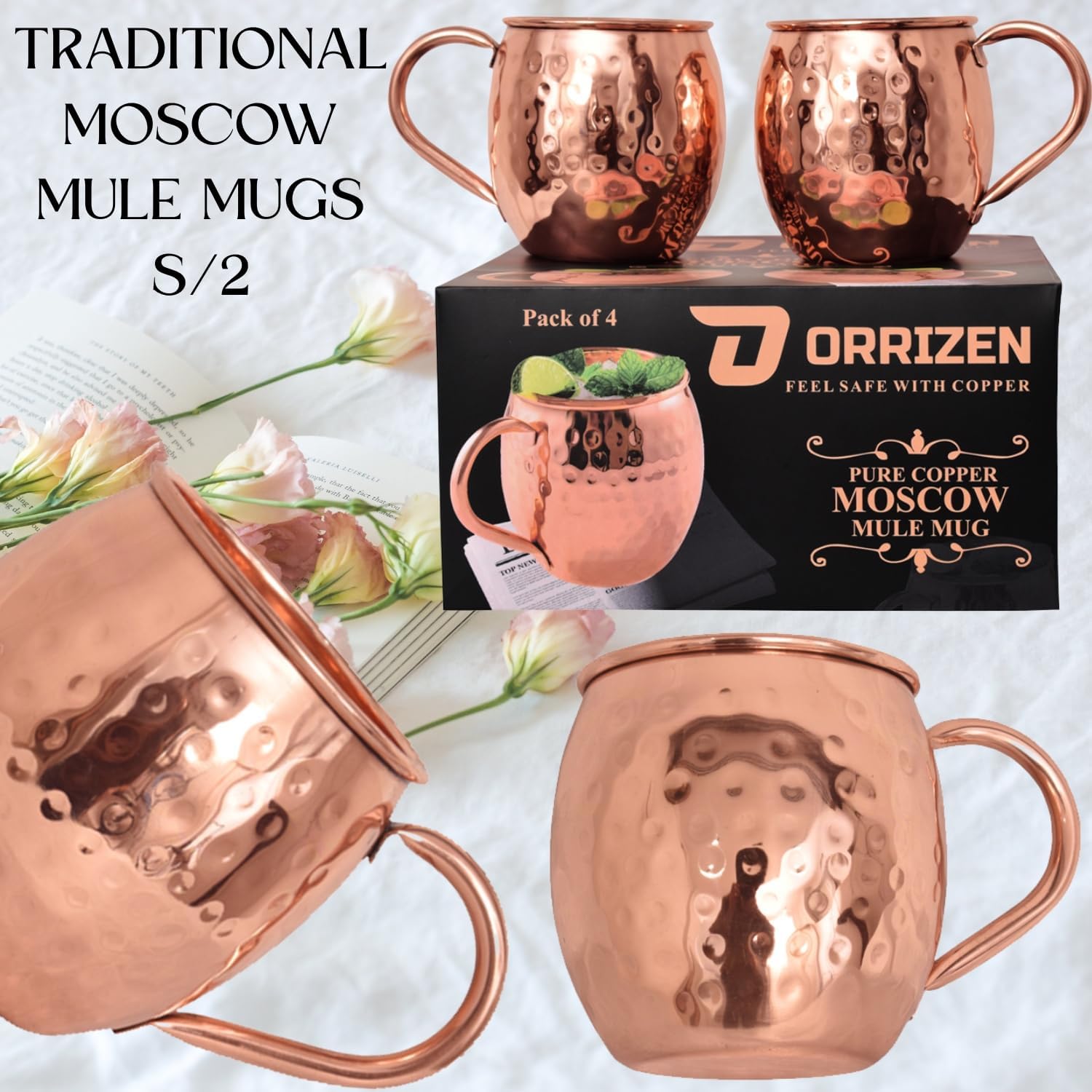 Hammered moscow Mule Copper cups with handle 100 pure copper for drinking copper moscow mule mug set of 4-16 oz cocktail, beer mugs, cooper cups for water, mugs set
