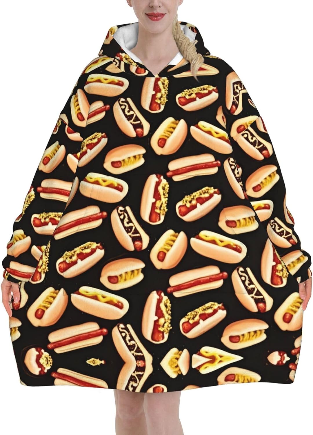Fun Food Hot Dogs Print Blanket Hoodie Fleece Sweatshirt Blanket With Sleeves And Pockets