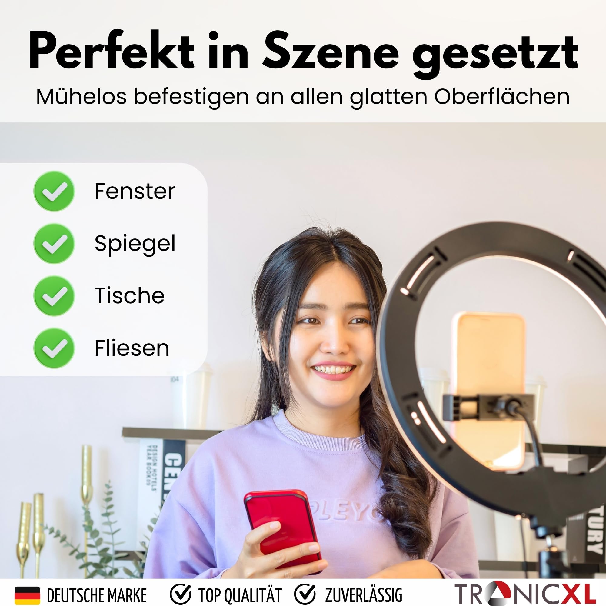 TronicXL Uchwyt na przyssawkę do smartfona z kolorowym światłem pierścieniowym i pilotem zdalnego sterowania I do lustrzanego okna uchwyt na telefon komórkowy I Selfie Video Photo statyw do Apple