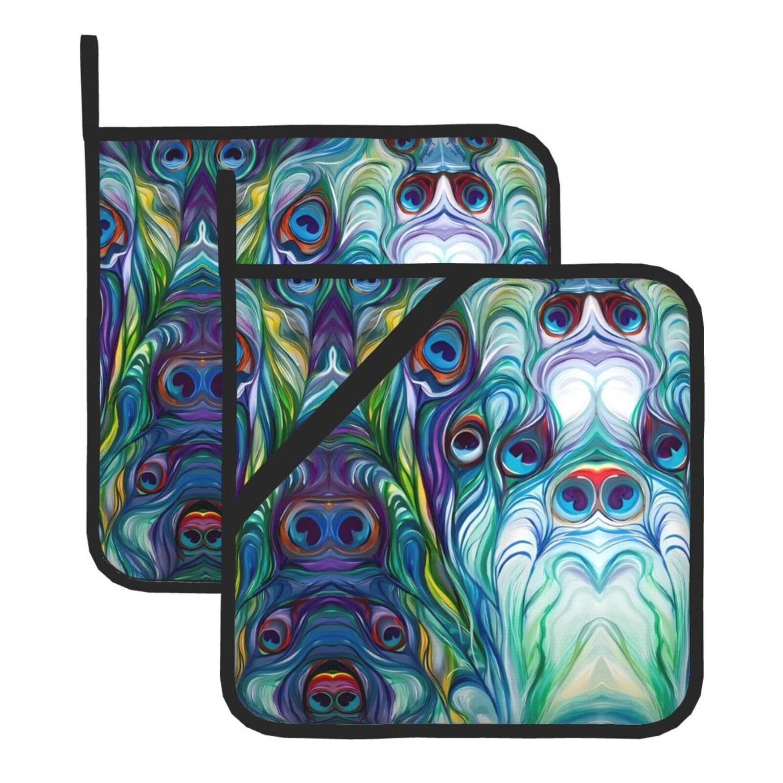 WHJSSF Peacock Feathers Prints Square Pot Holders - Heat Resistant Kitchen Trivets 2-Pack - Waterproof Covers for Hot Dishes, Oven & Grill with Hanging Loop