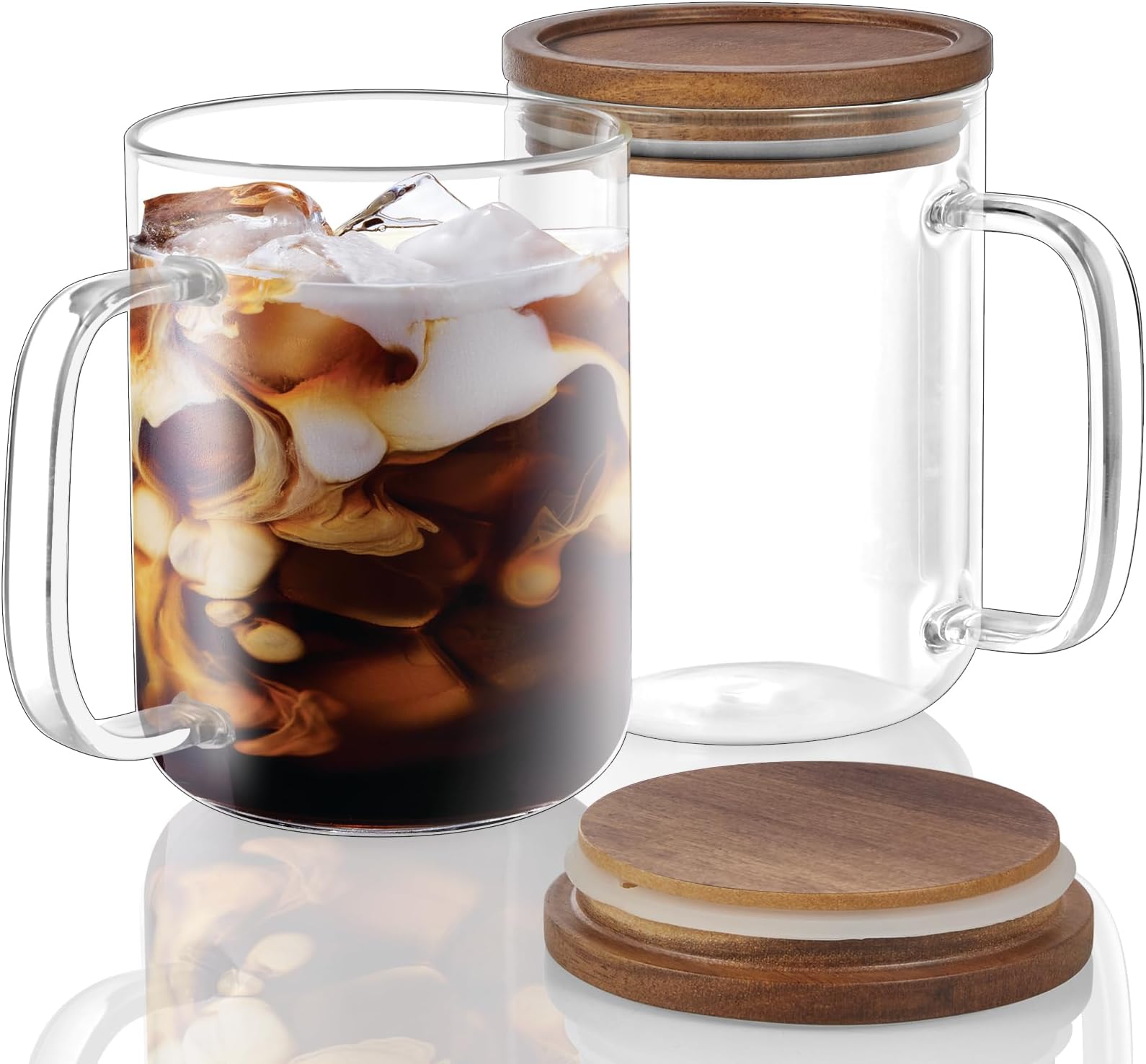 DRASTAR Glass Coffee Mugs, 20 oz Clear Coffee Cups, Coffee Mug with Acacia Wood Lid, Tea Glass Cups with Handles, Large Coffee Mug Set of 2, Glass Coffee Cups for Latte, Espresso, Tea